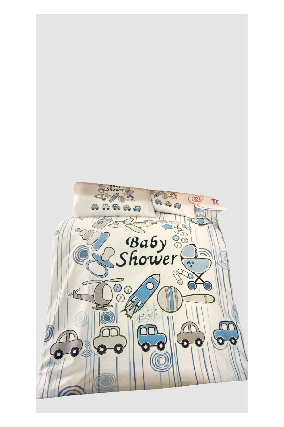 Recos -Beyazlı Mavili Baby Shower Desenli Bebek Nevresim Takımı 100*150 cm.
