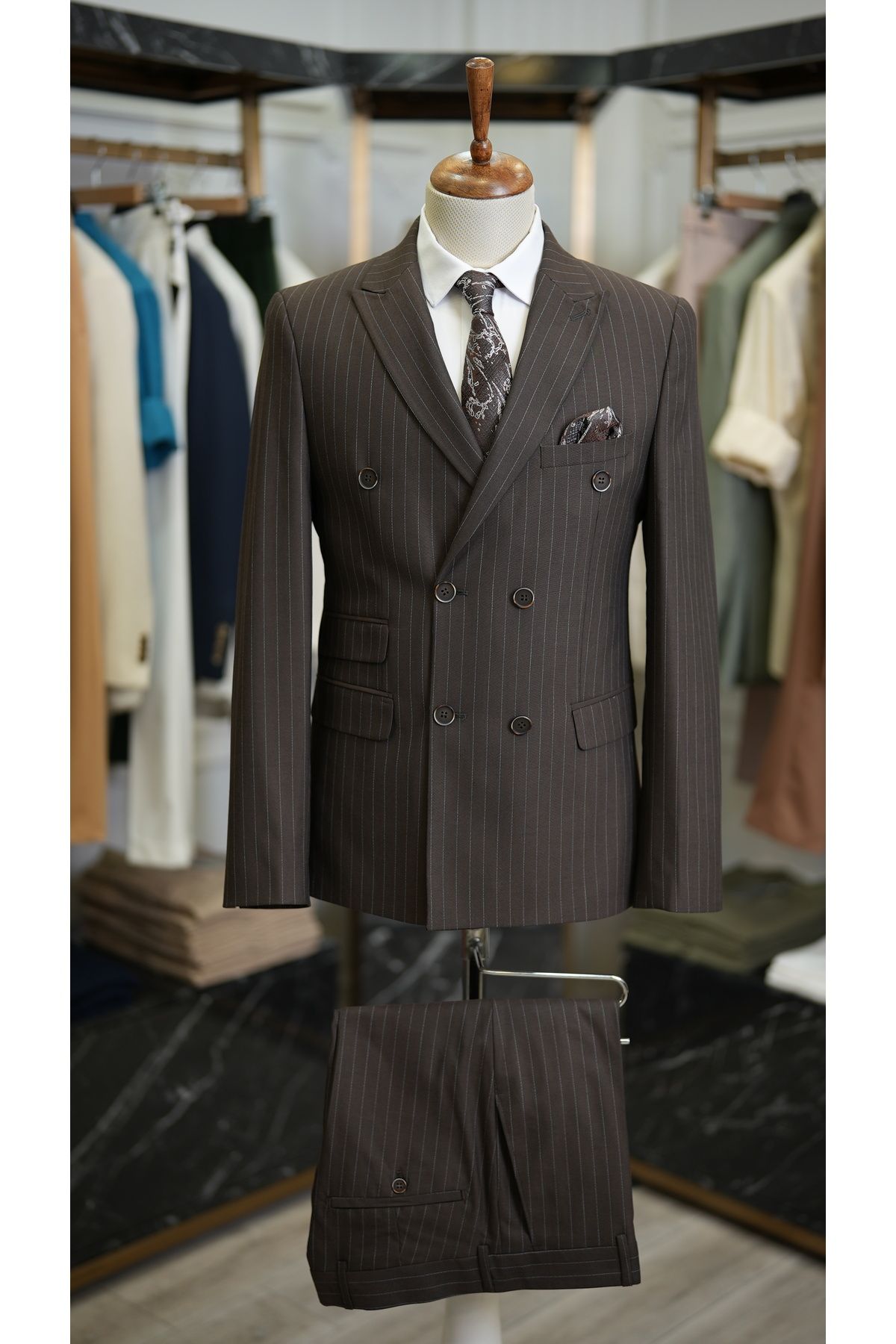 LONATOLİA Erkek Kruvaze Çizgili Takım Elbise İtalyan Kesim Slim Fit Ceket Pantolon-Kahve