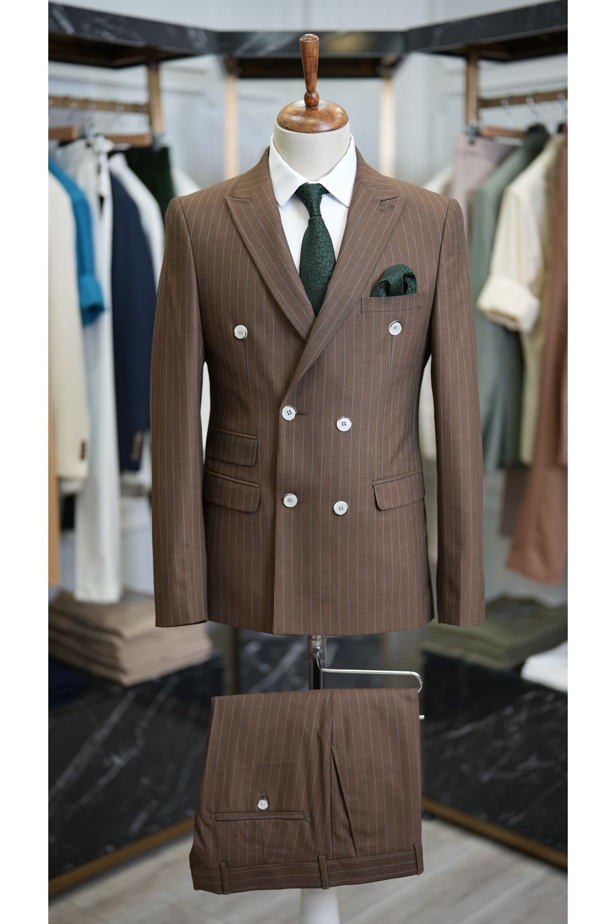 LONATOLİA Erkek Kruvaze Çizgili Takım Elbise İtalyan Kesim Slim Fit Ceket Pantolon-Açık Kahve