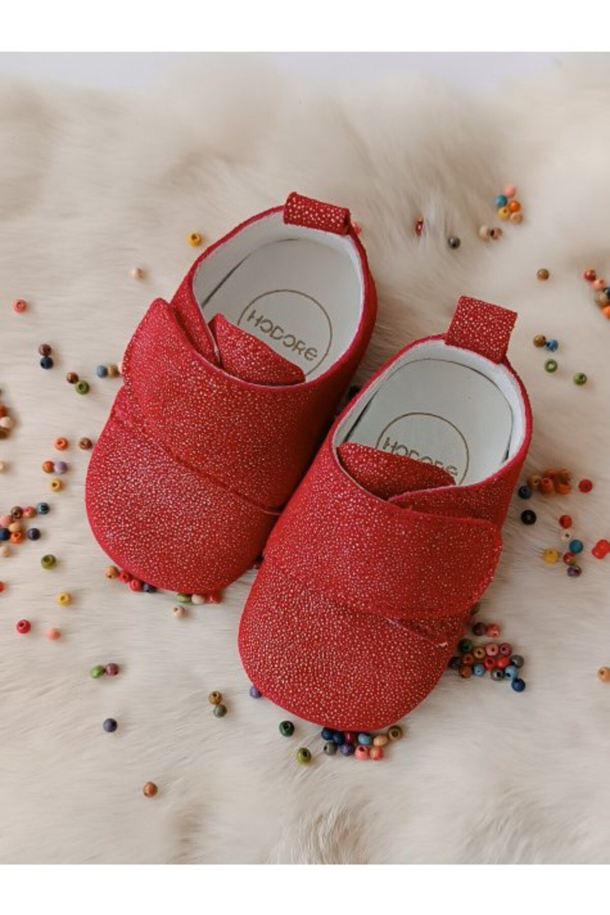 Hodore Simli Kırmızı Hakiki Deri Cırt Cırtlı Bebek Ayakkabı