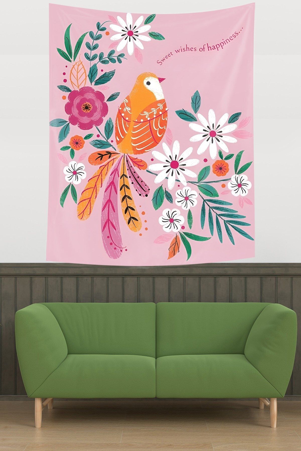 Pelangi Kuş ve Çiçekler Temalı Leke Tutmaz Kumaş Duvar Örtüsü Duvar Halısı Tapestry