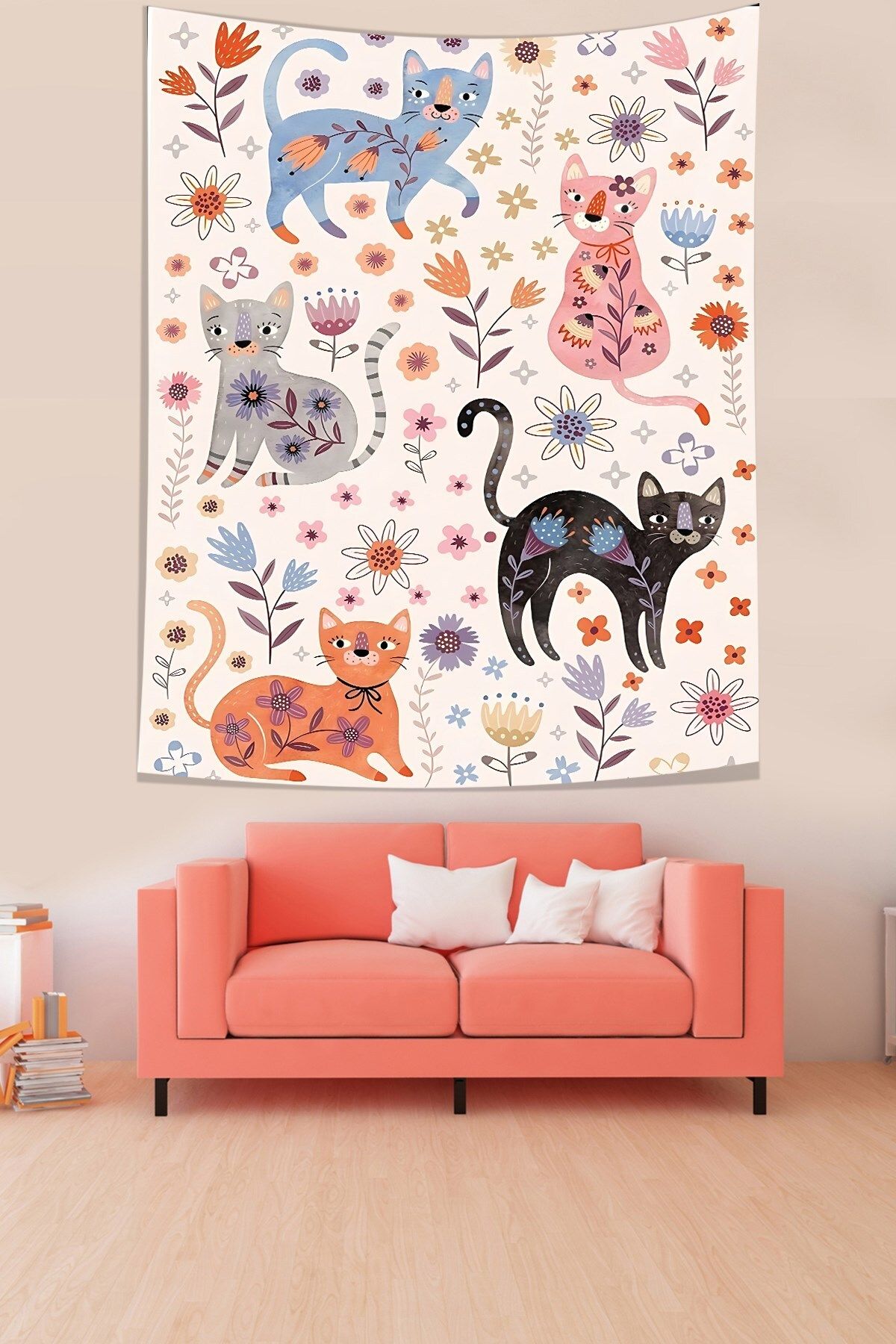 Pelangi Çiçekler ve Kediler Leke Tutmaz Kumaş Duvar Örtüsü Duvar Halısı Tapestry
