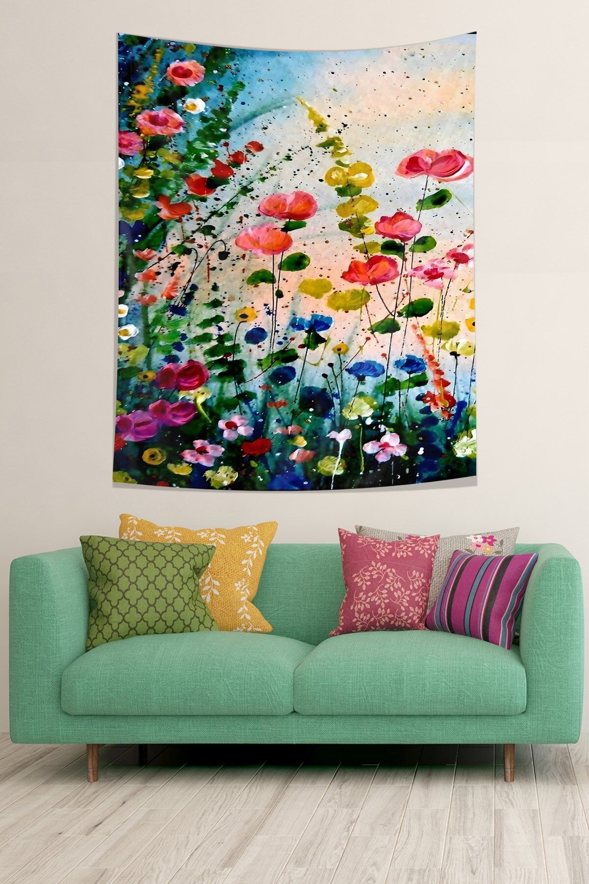 Pelangi Renkli Bahar Çiçekleri Suluboya Efekt Leke Tutmaz Kumaş Duvar Örtüsü Duvar Halısı Tapestry