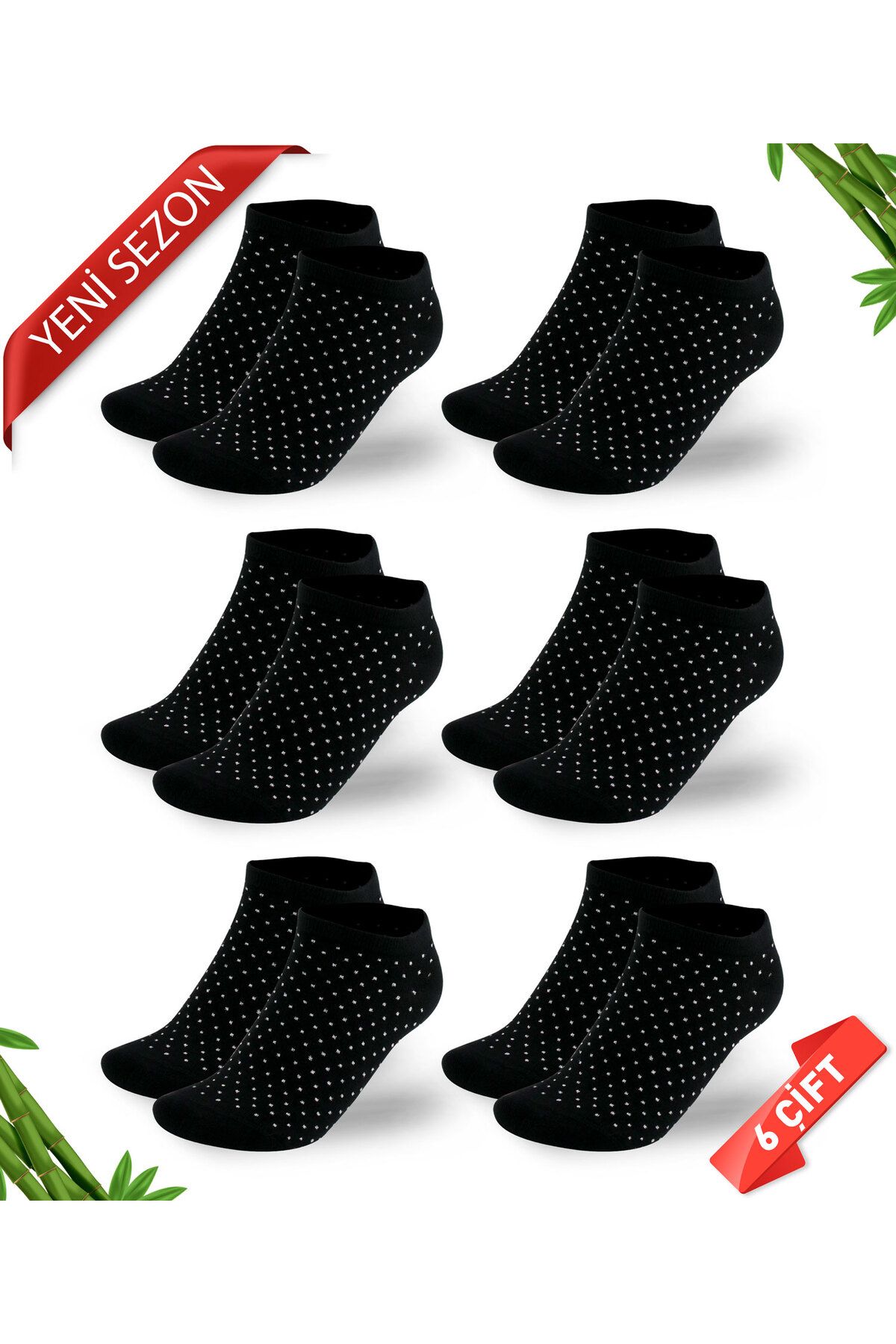 DAYCO Simli Nokta Desenli Siyah Renk Kadın Bambu Patik Çorap 6lı Set