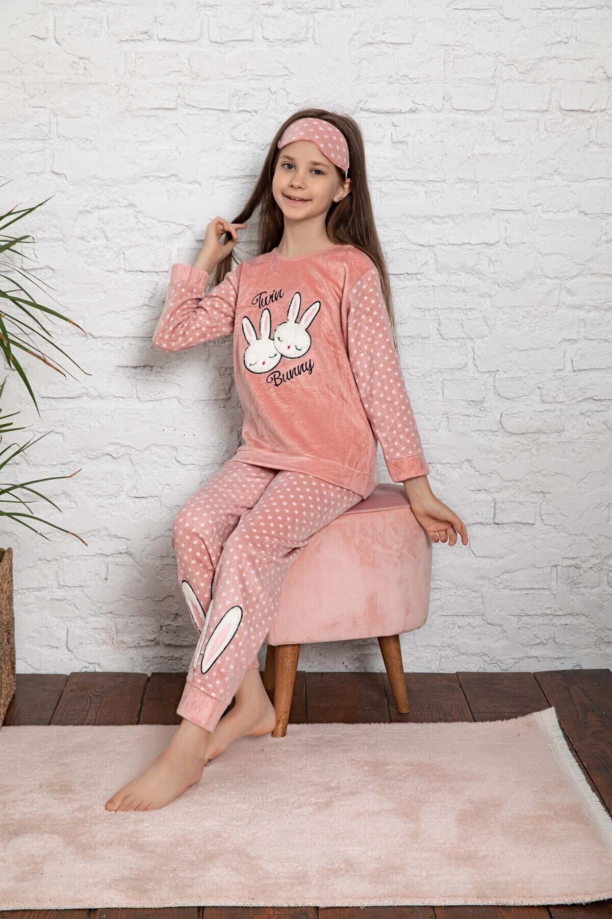 Tarık Kız Genç Ve Çocuk Tavşanlı Puantiye Desenli Gül Kurusu Uzun Kollu Polar Peluş Pijama Takımı