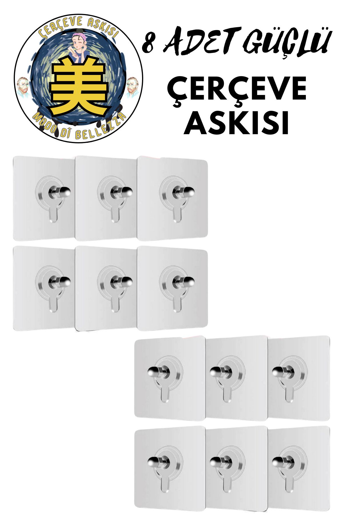 Modo Di Bellezza Süper Güçlü 8 Adet Çerçeve Askısı Pin Delgisiz Vidalı Yapışkanlı Raf Tutucu Askı