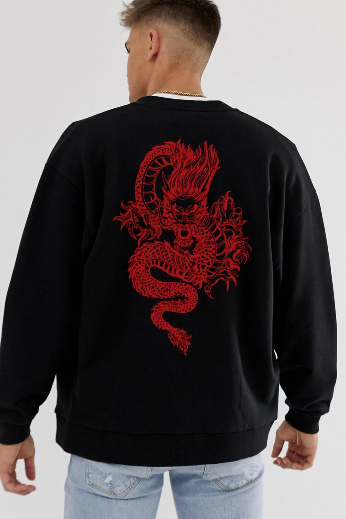 Pasage Arka-ön Dragon Baskılı Siyah Sweatshirt