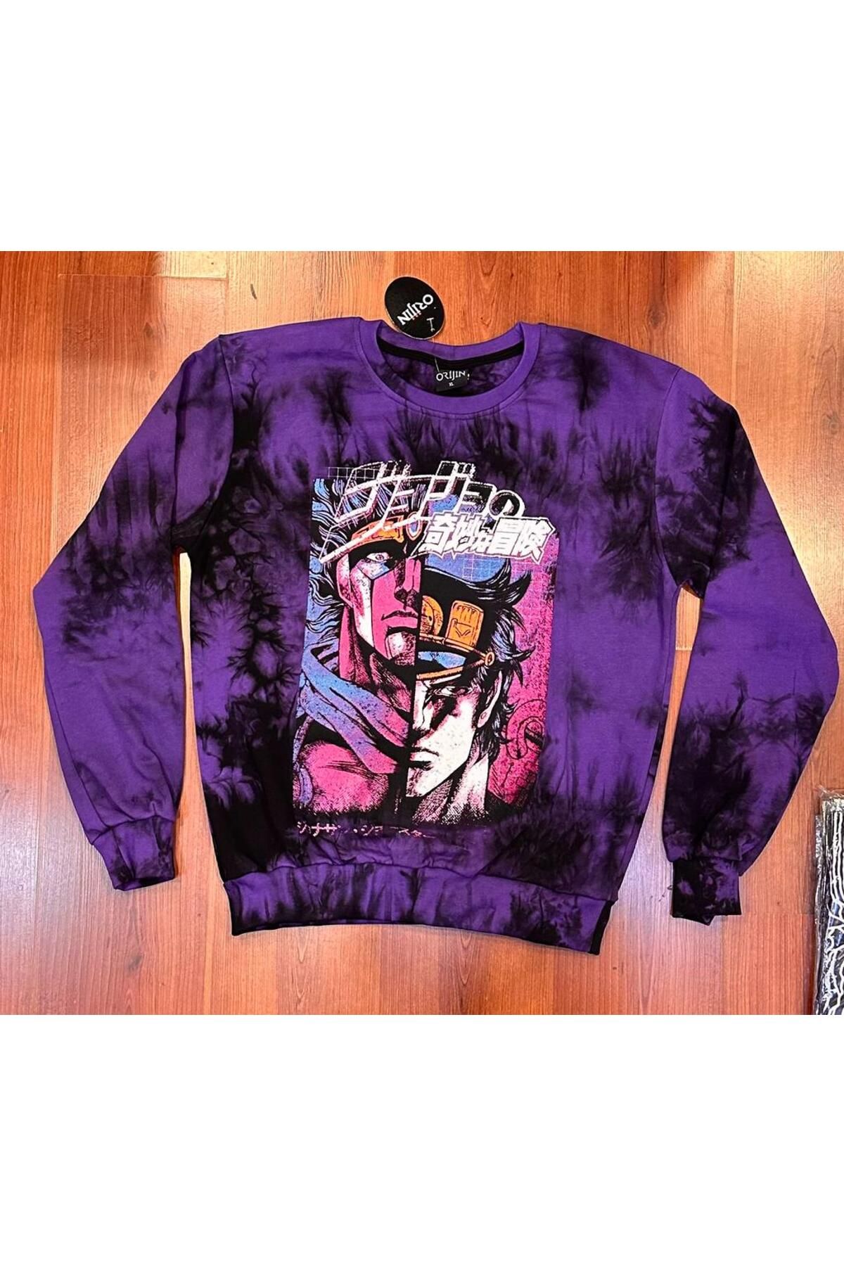 Orijin Tekstil Jojo's Bizarre Adventures Jotaro Kujo Joseph Joestar Ön Arka Baskılı Mor Batik Sweatshirt