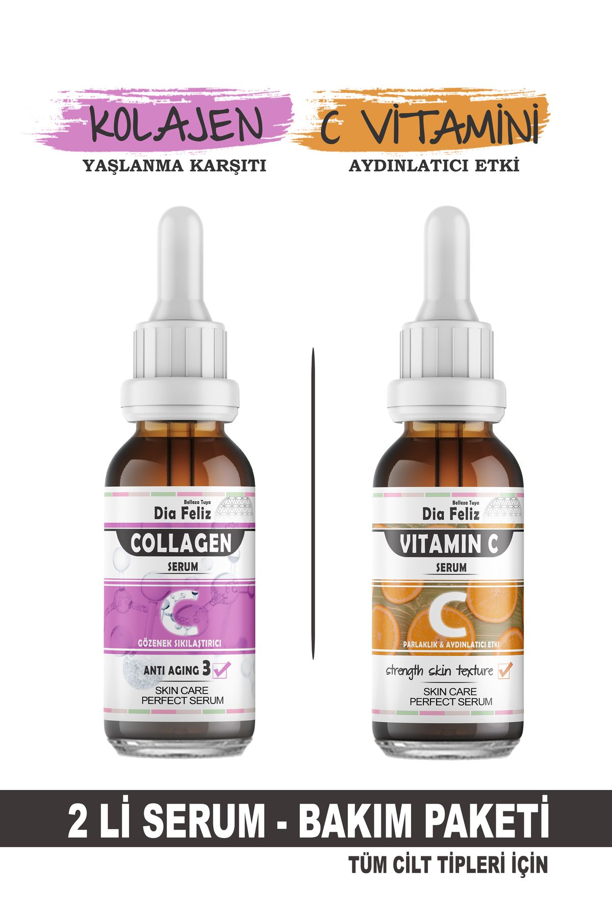 DİA FELİZ Collagen & C Vitamini Serum 2'li Serum Paketi - Aydınlatıcı - Yaşlanma Karşıtı Cilt Serumu