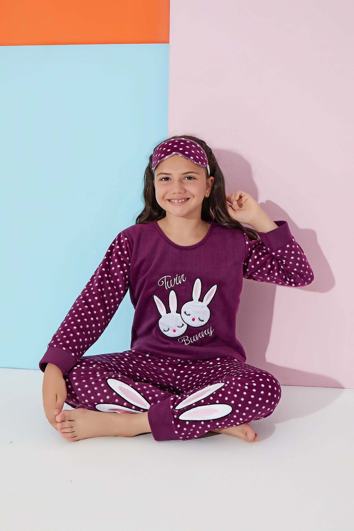 Meba Kız Çocuk Garson Boy Twin Tavşan Desen Mor Polar Pijama Takımı 2372