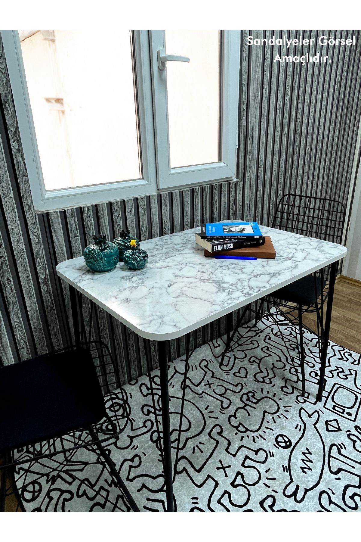 Yirmi15 60x90 Çalışma Masası Siyah Metal Ayaklı Beyaz Mermer Mutfak-balkon