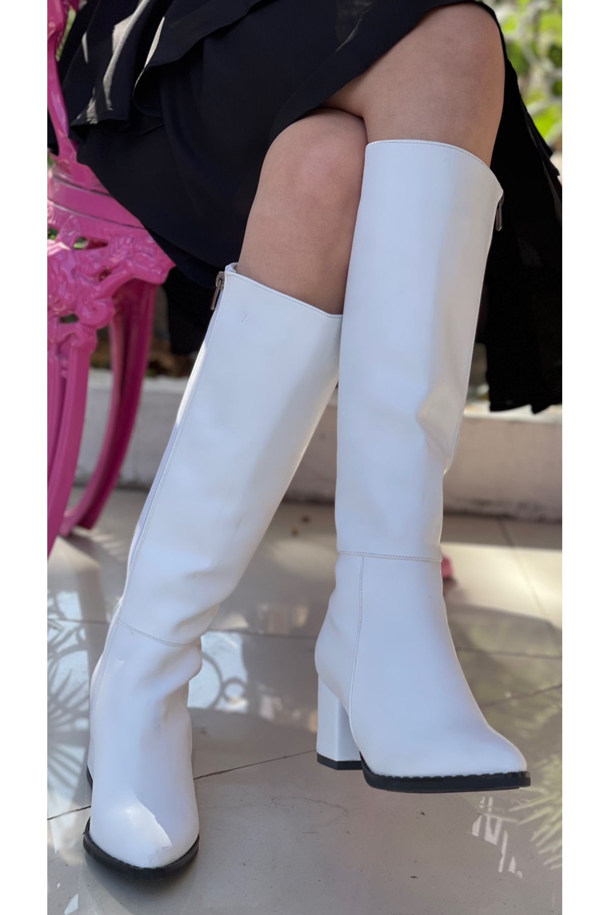TUĞBALİ Kadın Beyaz Renk Kalın Topuklu Çizme