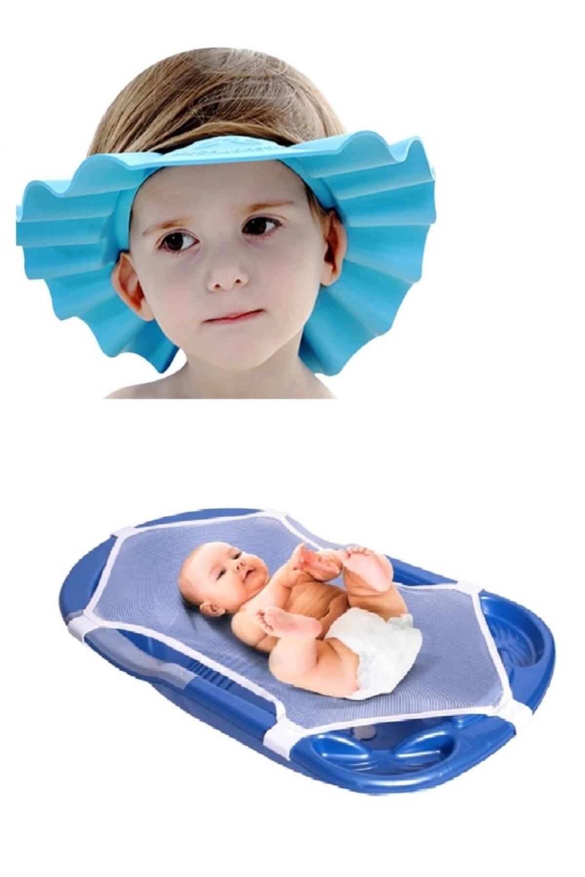naque 2 Li Set Bebek Banyo Şapkası Göze Şampuan Kaçırmaz- Bebek Küvet Filesi Yıkama Filesi