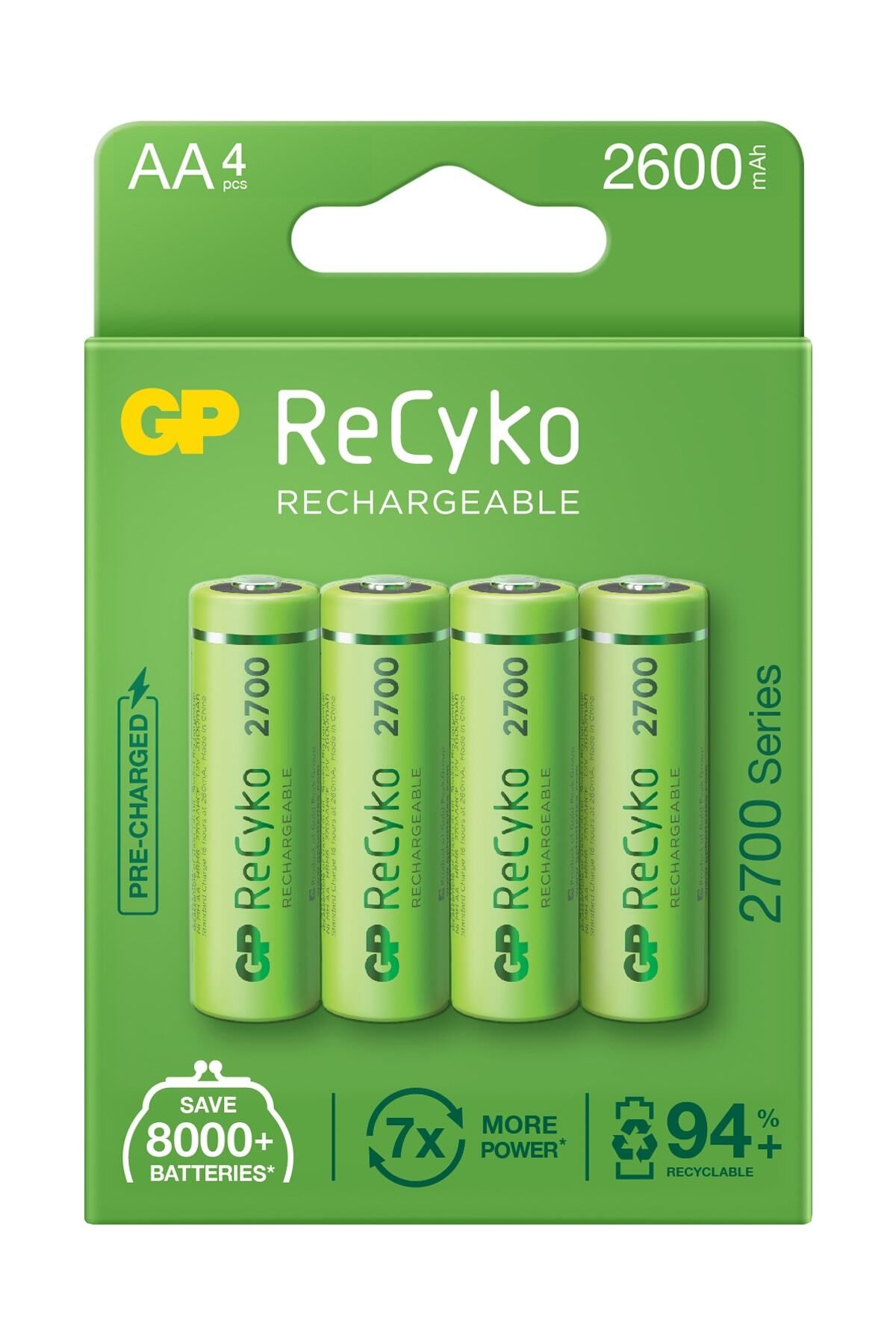 GP Batteries Recyko 2700 Aa Kalem Ni-mh Şarjlı Pil, 1.2 Volt, 4'lü Kart