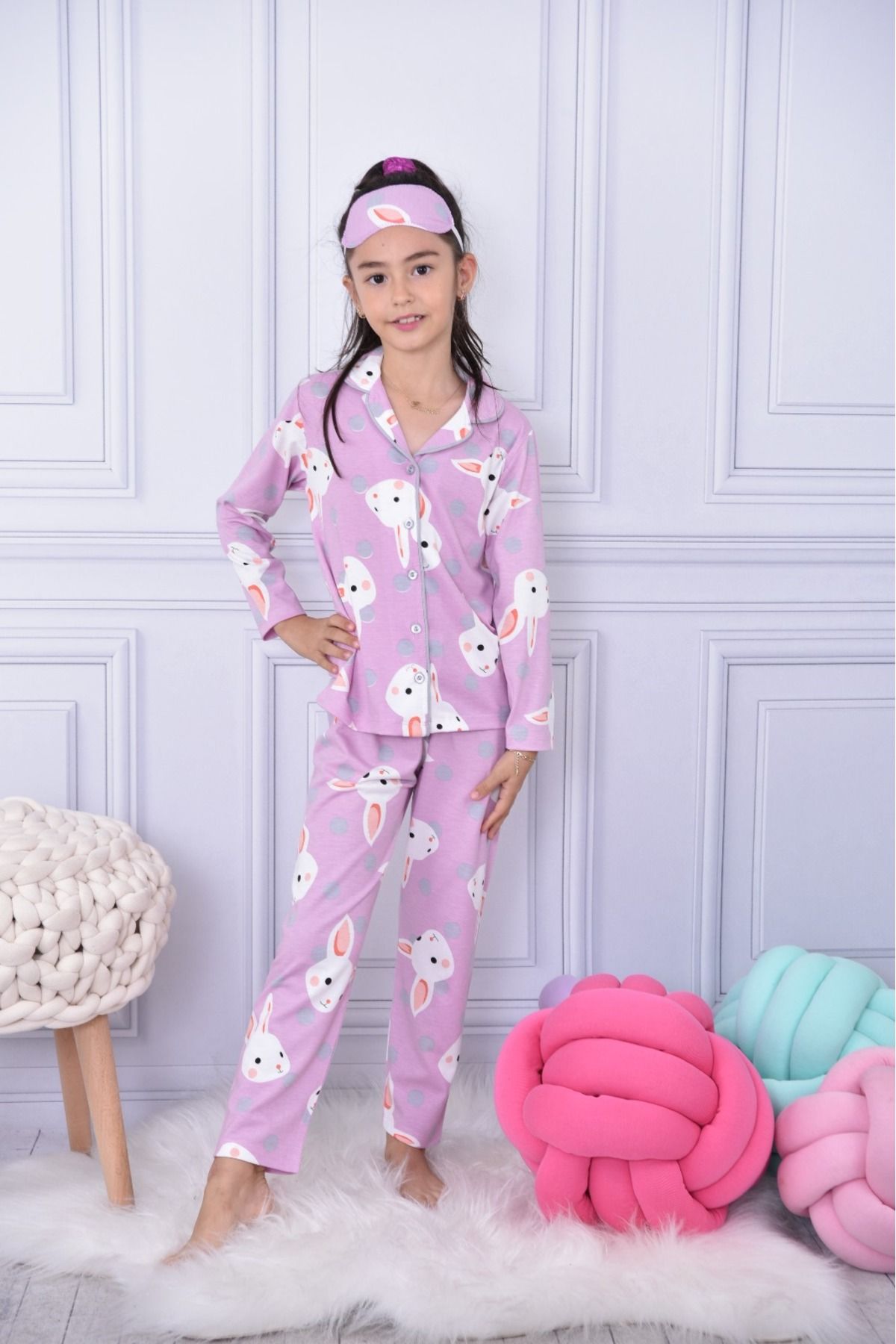 Lolliboomkids Kız Çocuk Düğmeli Tavşan Desenli Pijama Takımı Çok Renkli Lila Mor