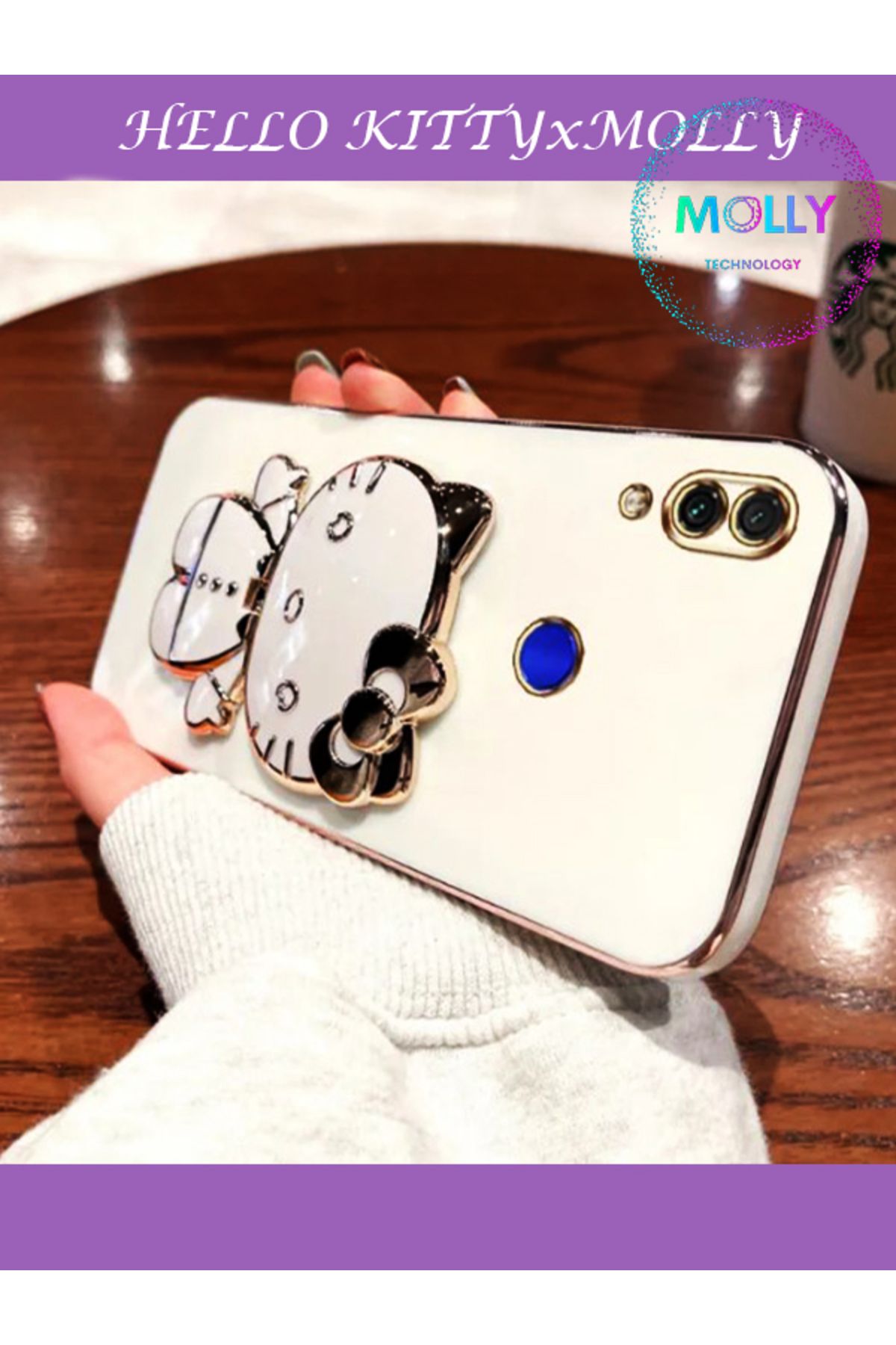 Molly Technology Huawei P Smart 2019 İçin İnci Beyazı Hello Kitty Standlı Kenarları Gold Detaylı Lüks Silikon Kılıf