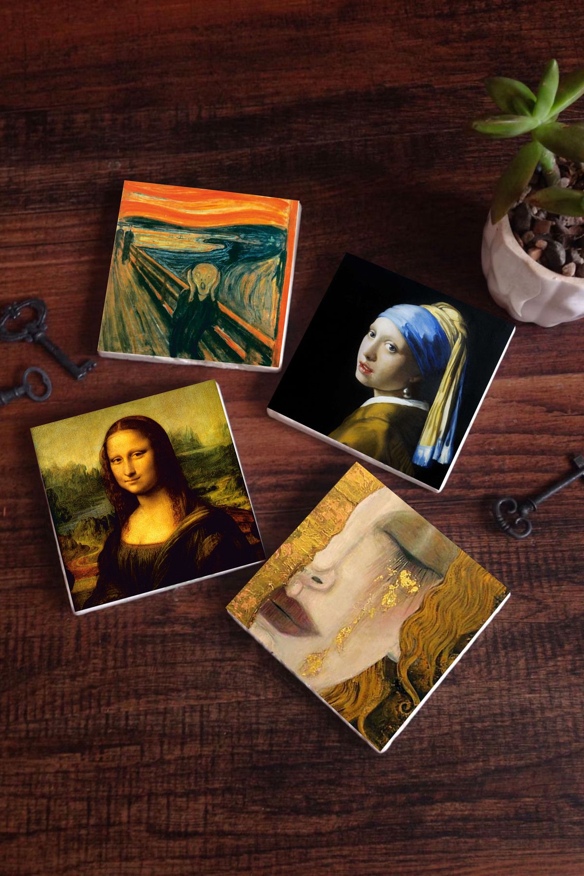 Pinecone Çığlık, Inci Küpeli Kız, Gustav Klimt Altın Gözyaşları, Da Vinci Mona Lisa Taş Bardak Altlığı Set