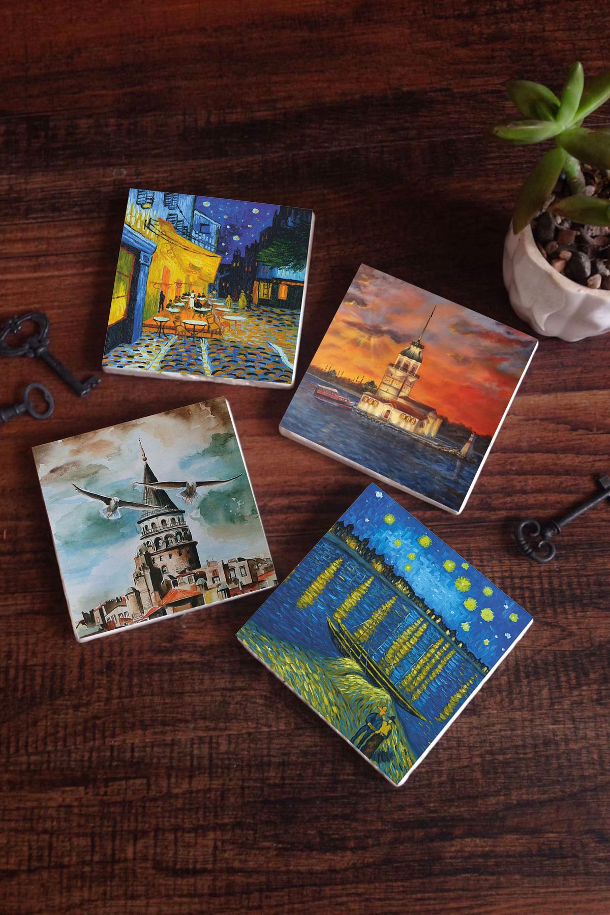 Pinecone Van Gogh Ren Nehri, Kafe Terasta Gece, Istanbul Galata Kulesi, Kız Kulesi Taş Bardak Altlığı 4lü Set
