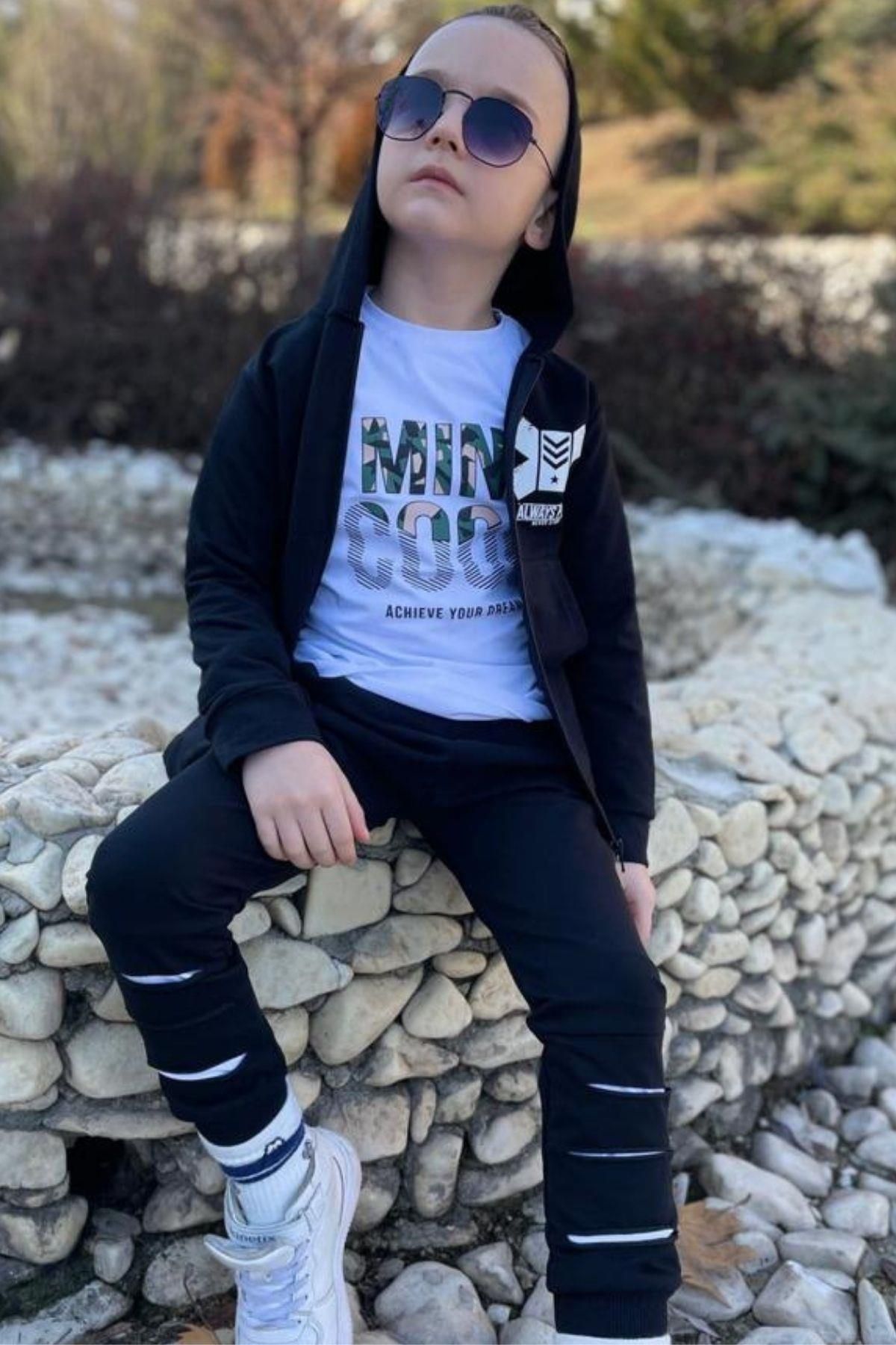Riccotarz Erkek Çocuk Mını Cool Yazı Baskılı Kazak, Kapüşonlu Siyah Eşofman Takım