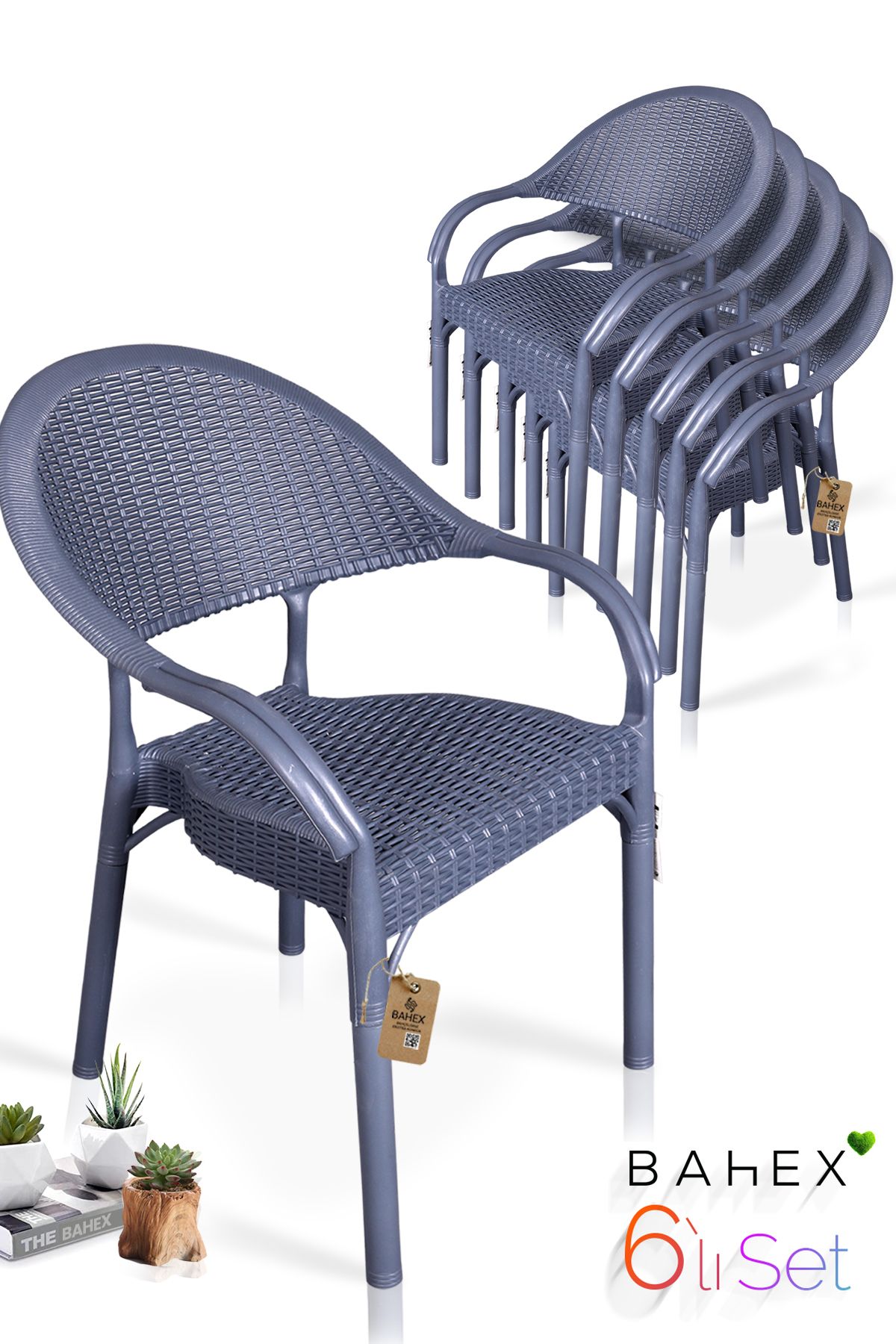 bahex 6'lı Bambu Rattan Kollu Sandalye Koltuk 6 Adet Dayanıklı Bahçe Sandalyesi Antrasit