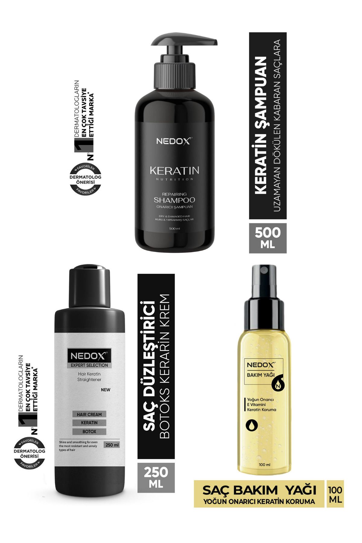 NEDOX E Vitaminli Saç Bakım Yağı/Keratinli Saç Bakım Şampuanı/Saç Düzleştirici Keratin Botoks Krem/3'lü