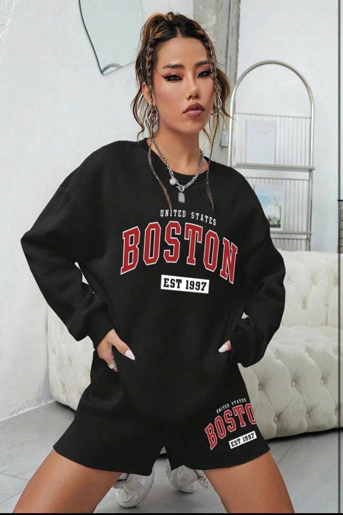 hazelin Kadın Siyah 3 İplik Şardonlu Boston Baskılı Şort Sweatshirt Alt Üst Takım HZL24W-FRY121221