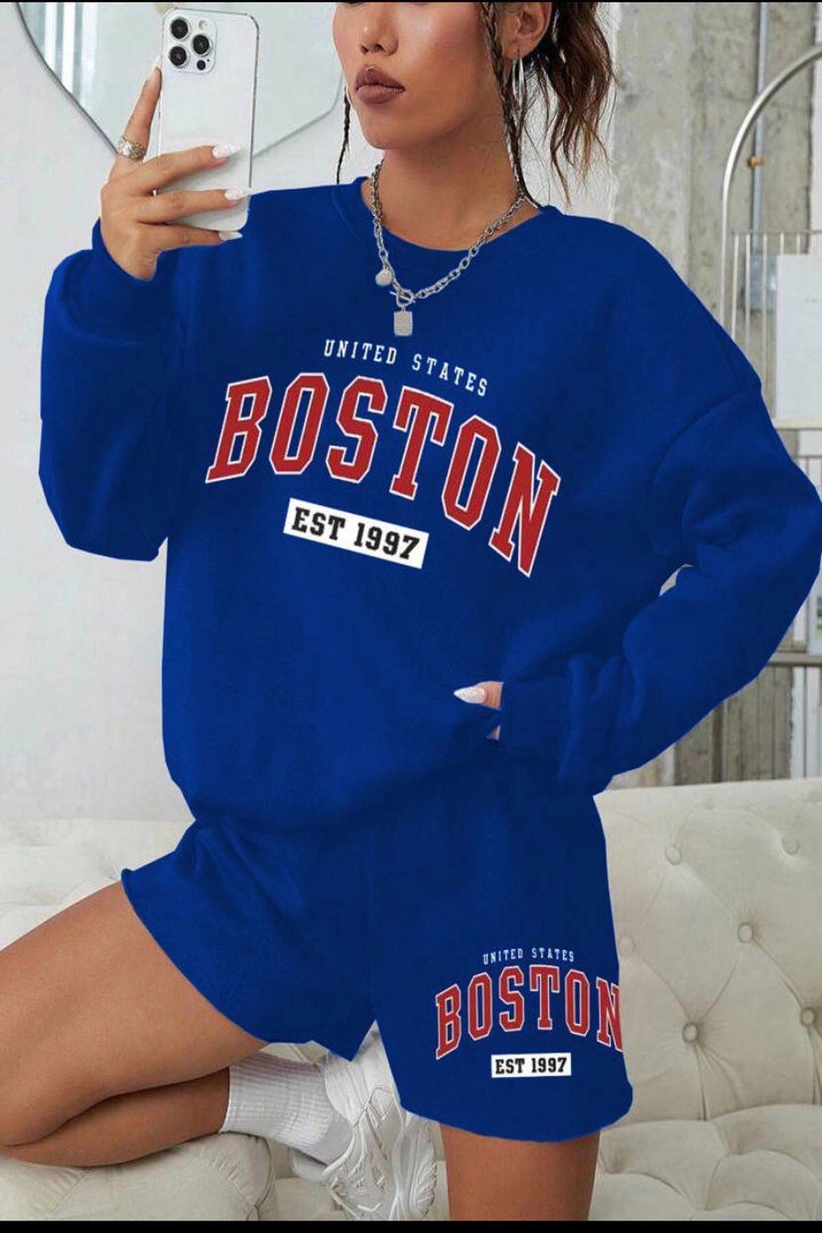 hazelin Kadın Mavi 3 İplik Şardonlu Boston Baskılı Şort Sweatshirt Alt Üst Takım HZL24W-FRY121221