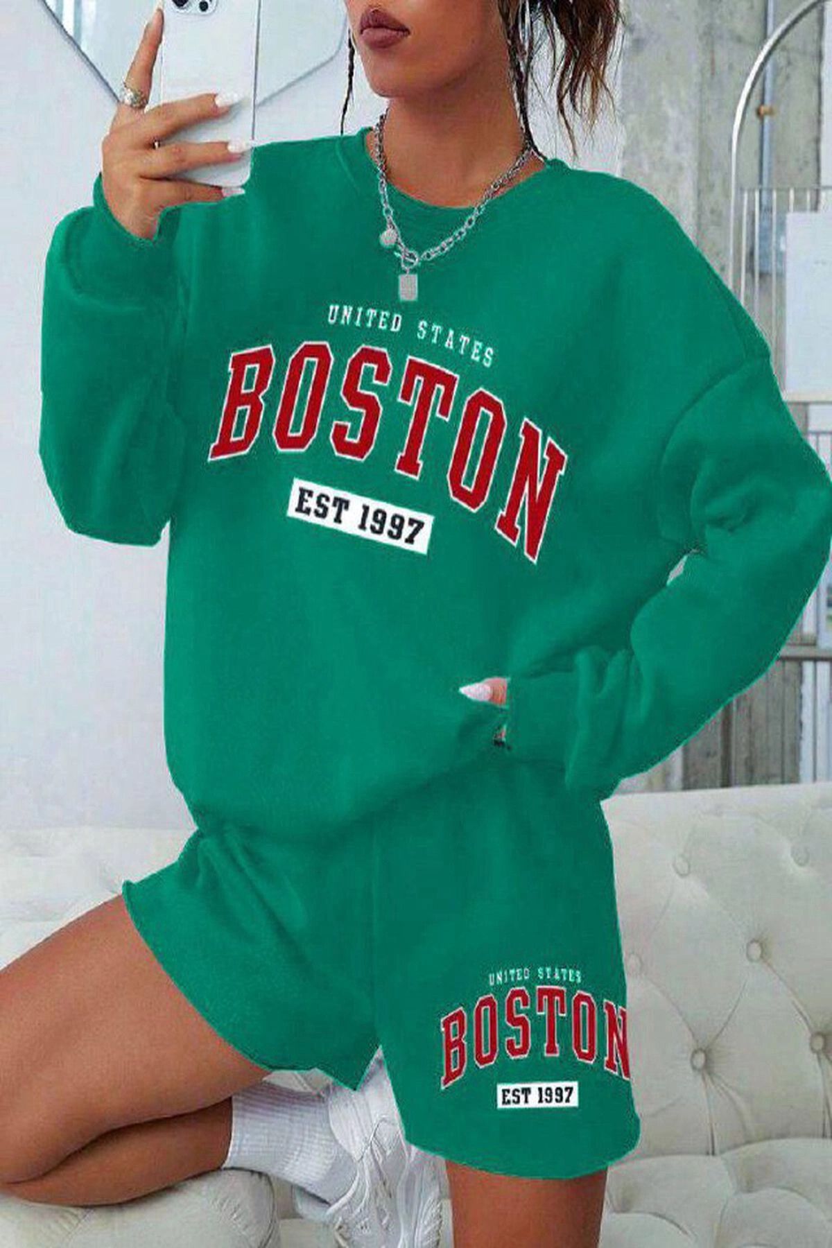 hazelin Kadın Yeşil 3 İplik Şardonlu Boston Baskılı Şort Sweatshirt Alt Üst Takım HZL24W-FRY121221