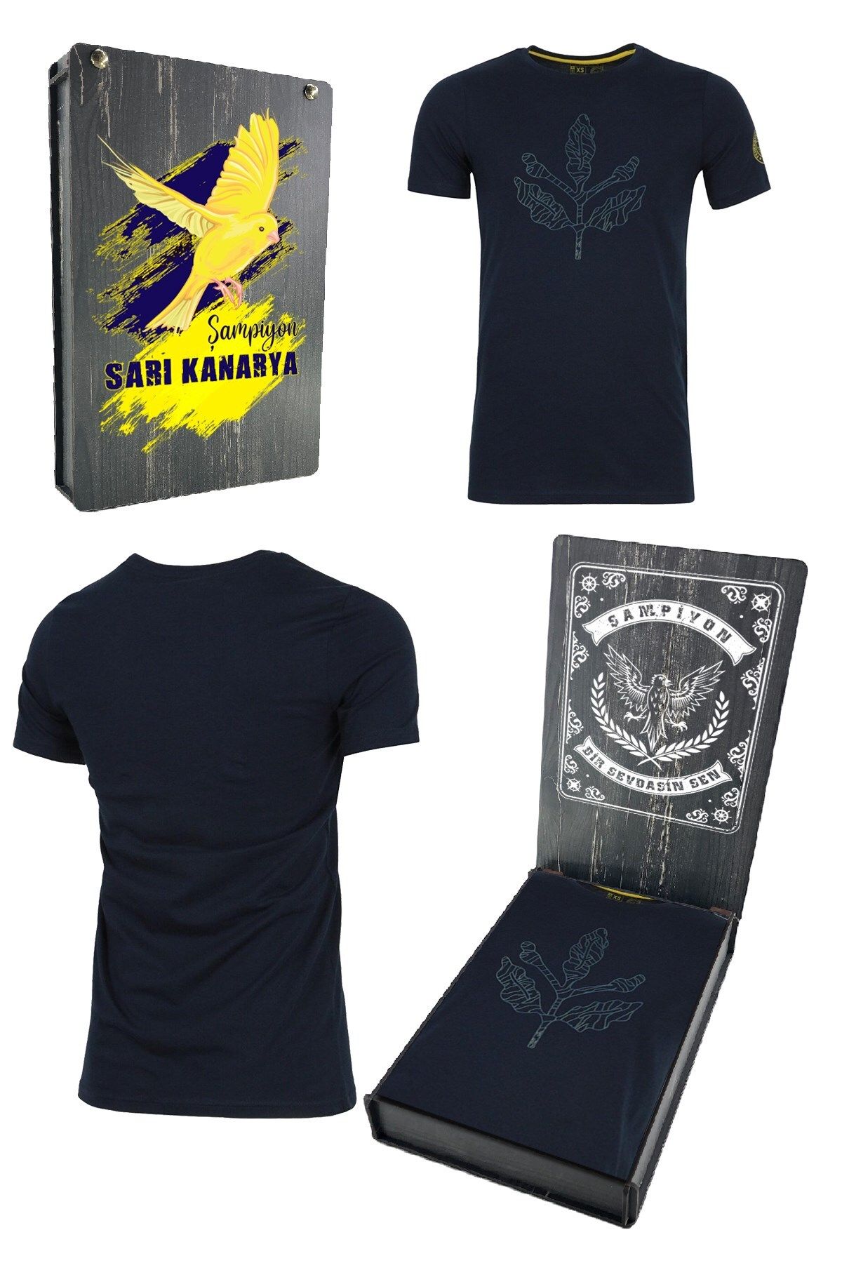 Fenerbahçe Orijinal Sıfır Yaka Lacivert T-Shirt Hediyelik Ahşap Kutulu