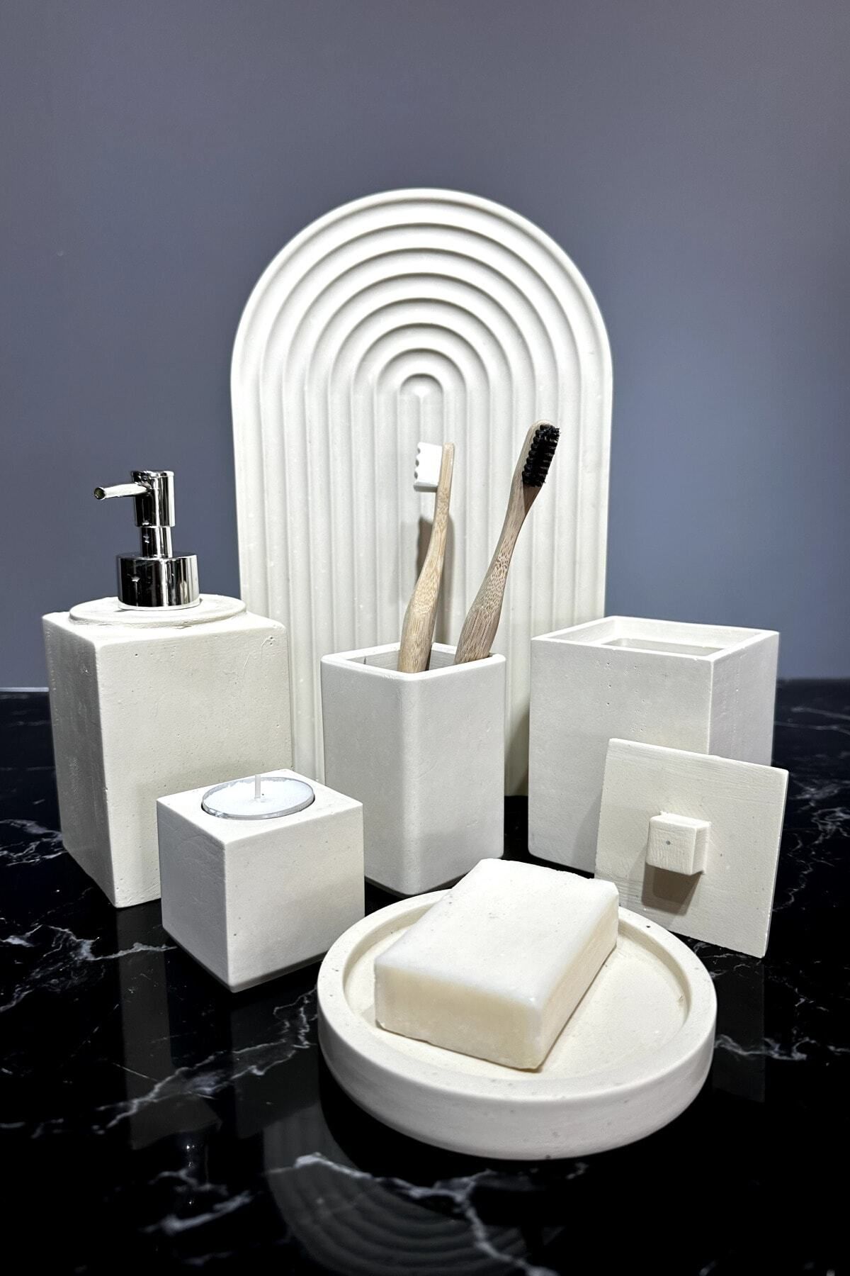 betonmall 7 Parça Beton Banyo Seti Katı Sıvı Sabunluk Tepsi Diş Fırçalığı Mumluk Tütsülük Sunumluk