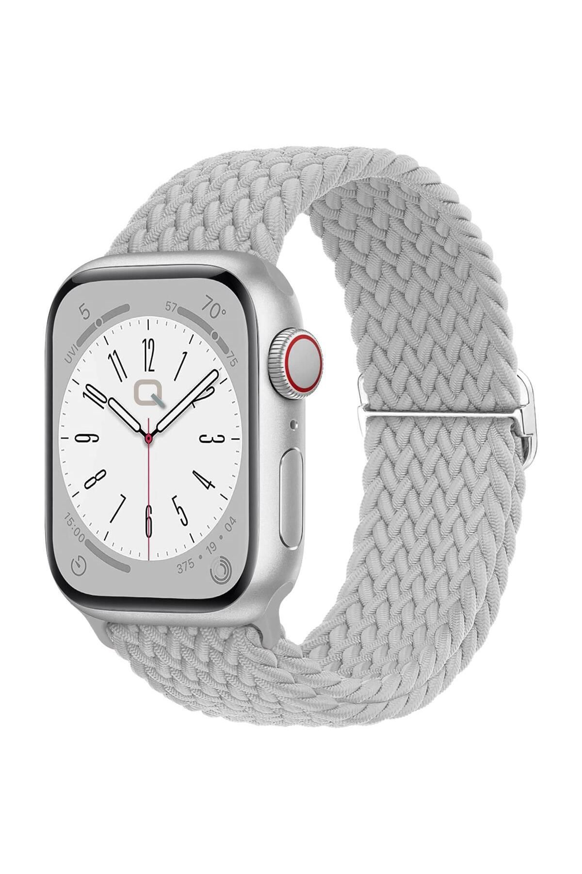 QUSE Apple Watch Seri 9 8 7 6 5 4 3 Se Ultra 45mm-44mm-42mm Ayarlanabilir Tokalı Örgü Kordon Inci Beyazı