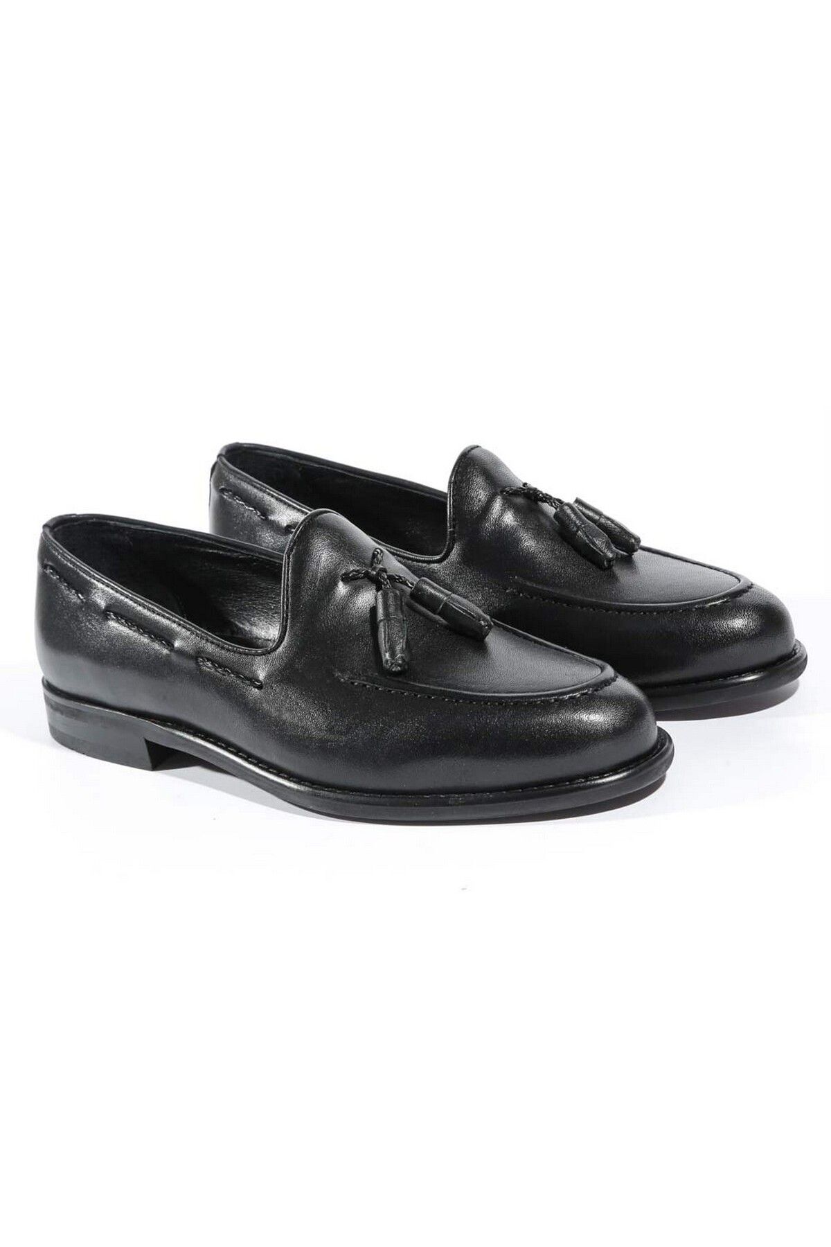 Tetri Gerçek Deri Erkek Parlak Siyah Loafer - Erkek Siyah Casual Ayakkabı - Antik Model