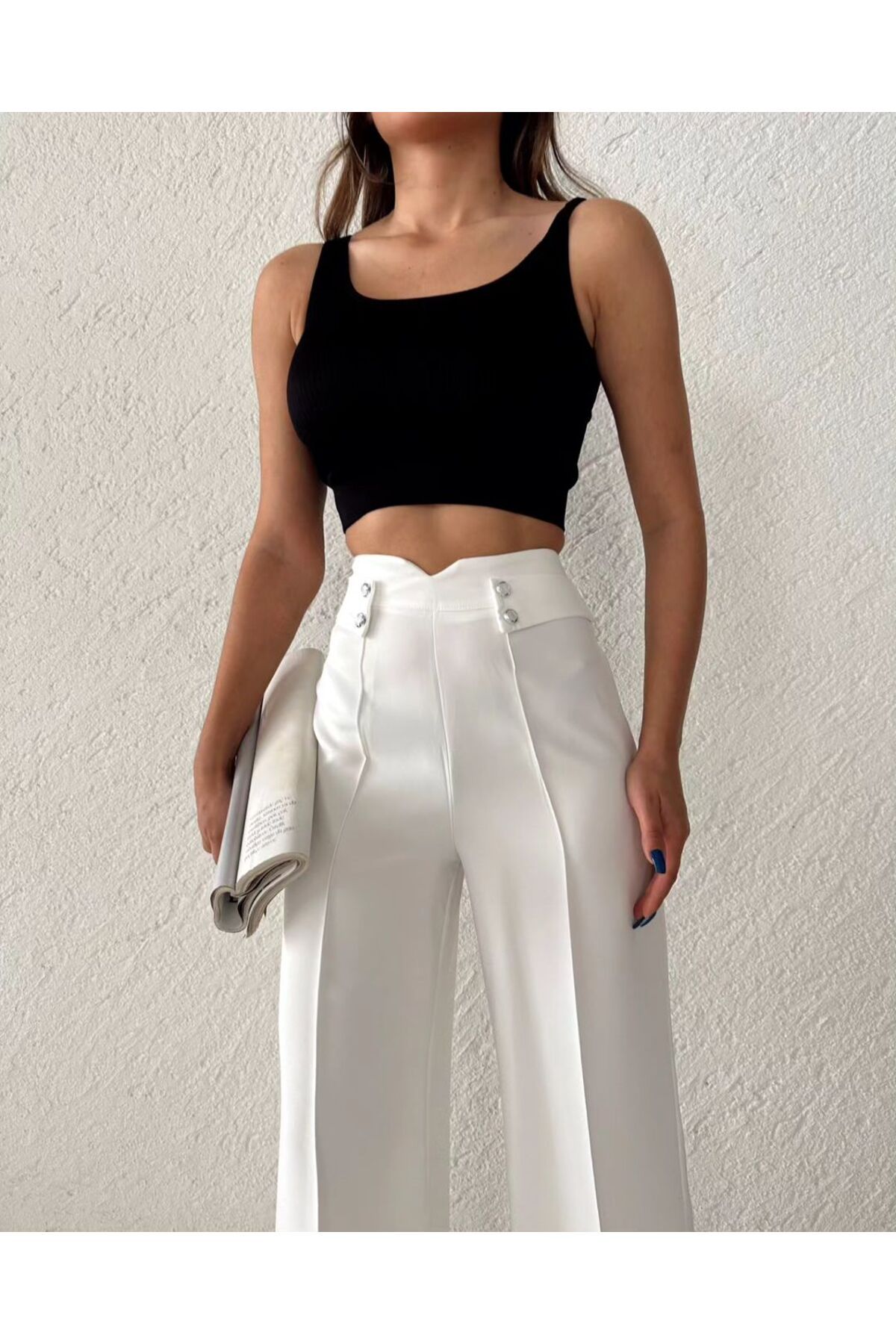 H&A İSTANBUL Kadın Yüksek Bel Palazzo Düğmeli Detay Slim Fit Kalip Pantolon