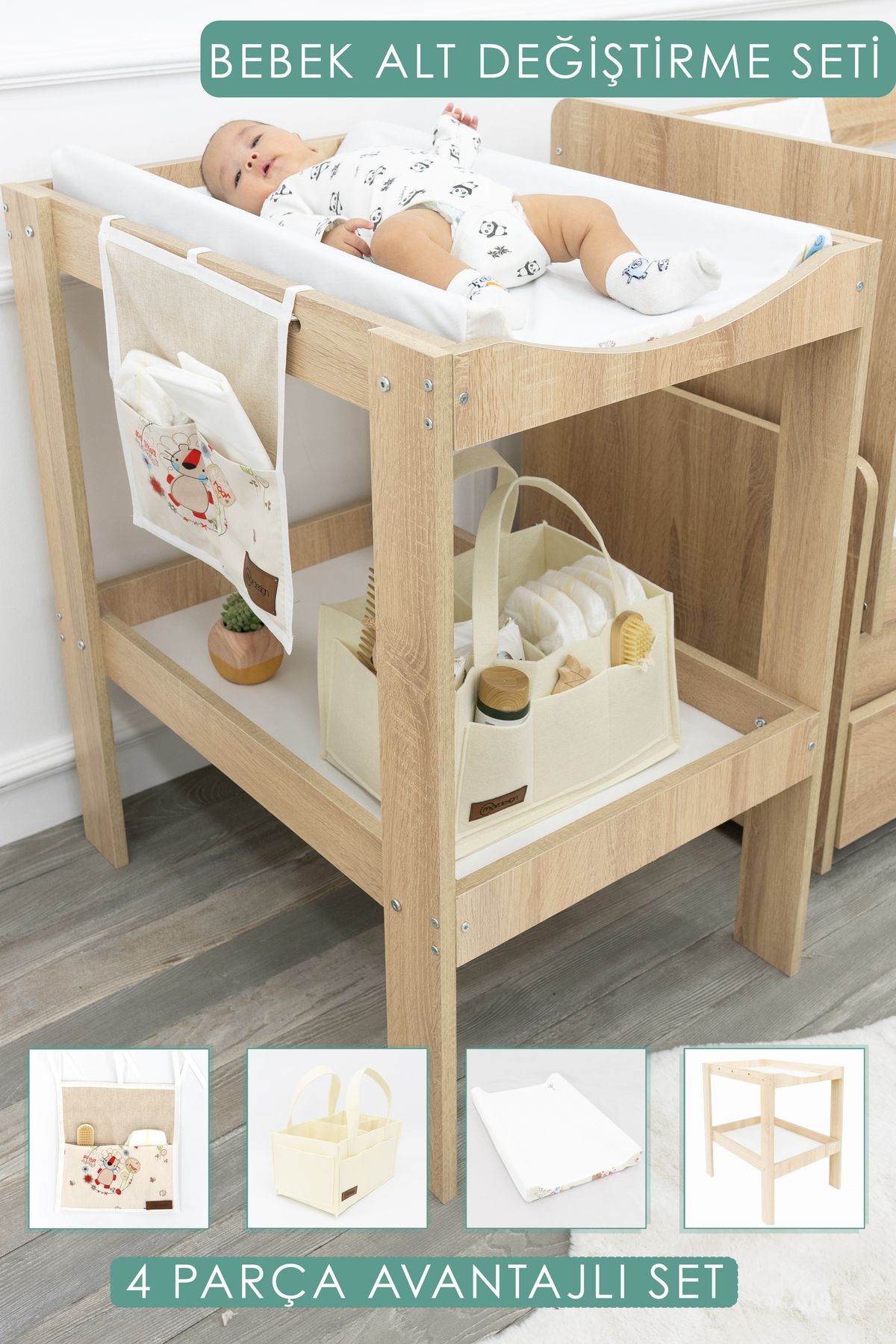 mordesign Bebek; 4'lü Avantajlı Set, Bebek Alt Değiştirme Masası,pedi,bağlamalı/sepet Organizer, Daisy, Kahve