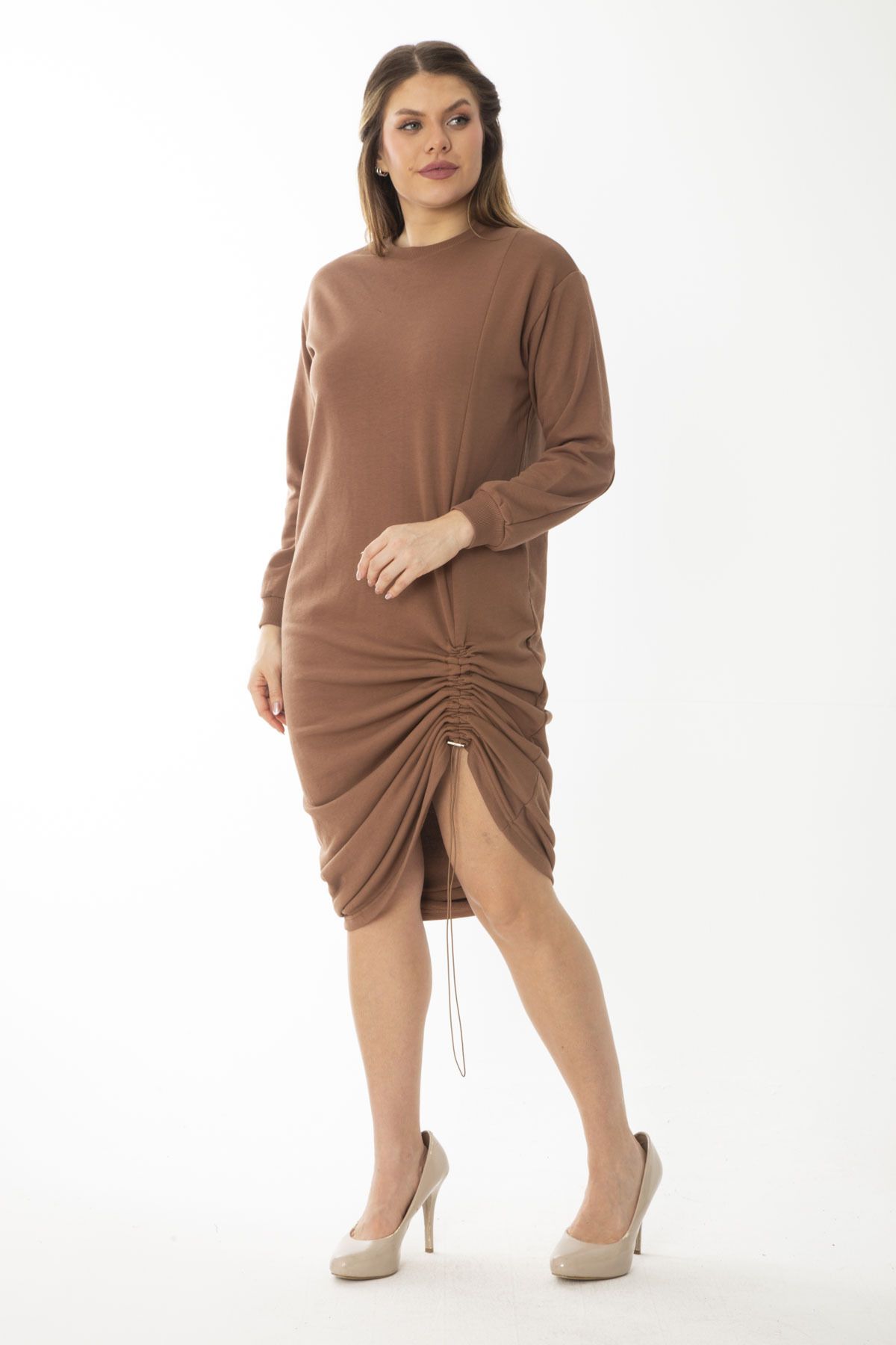 Şans Kadın Büyük Beden Taba Eteği Lastik Büzmeli Sweatshirt Elbise 65N37082