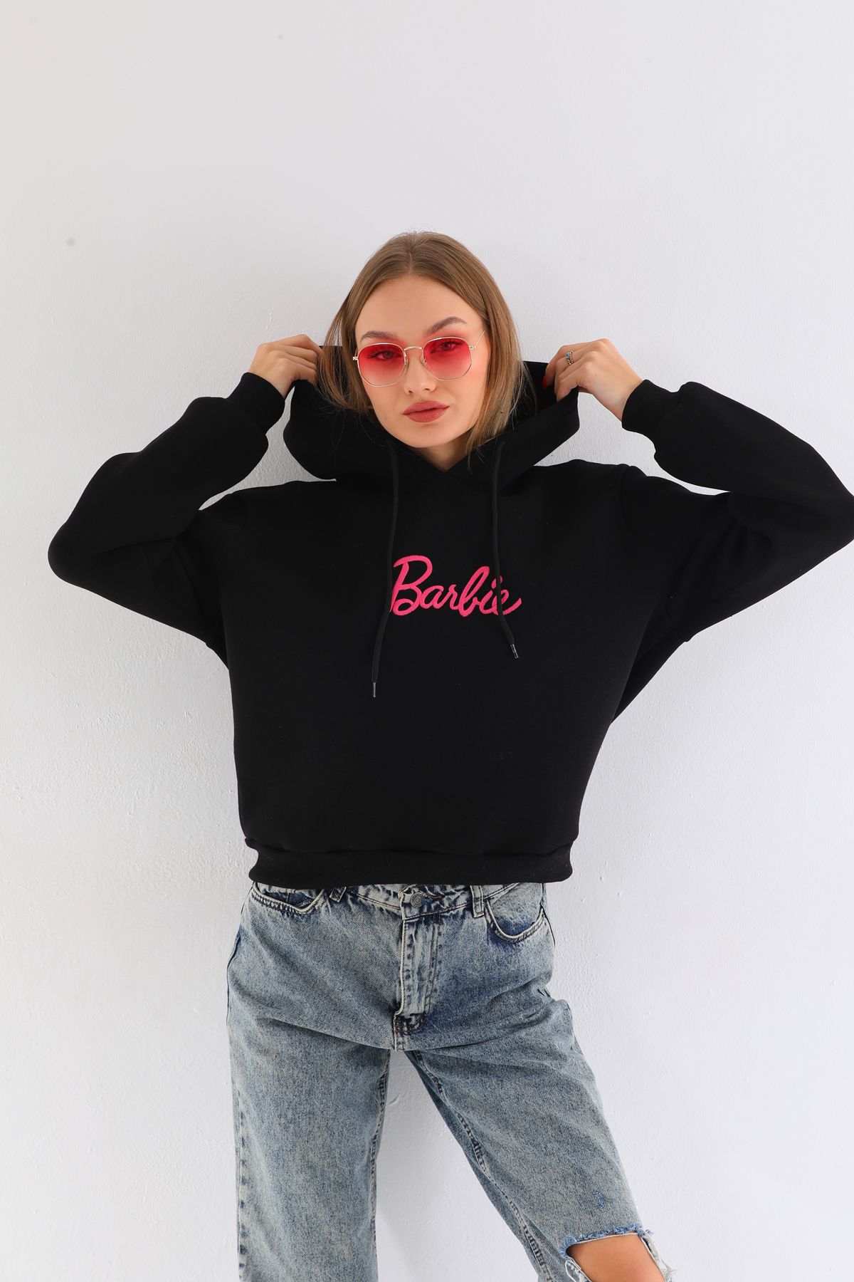 BİKELİFE Oversize Barbie Baskılı Kapüşonlu Kalın Pamuklu Sweatshirt