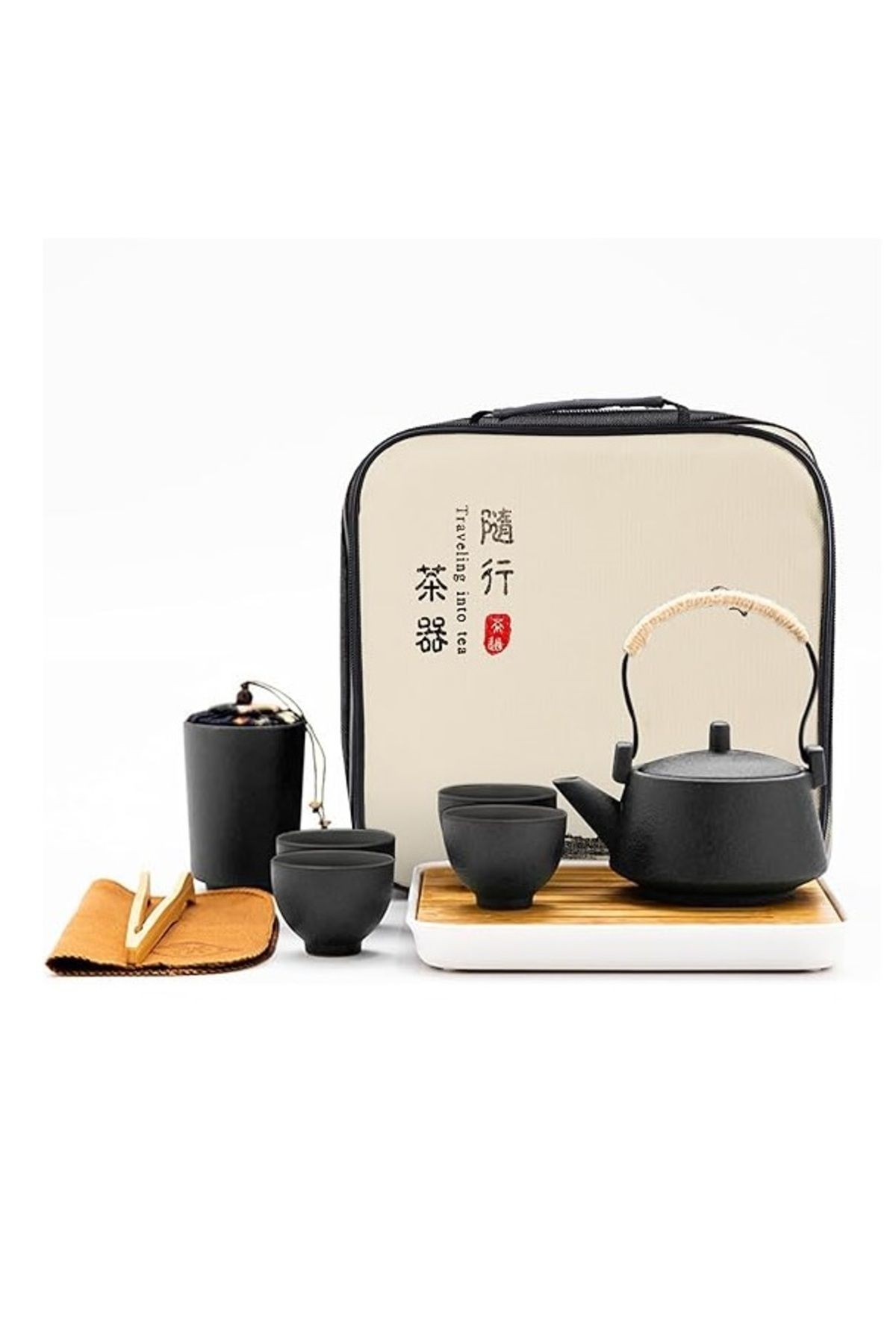 SWİCCO Japon seyahat çay seti ve seyahat çantası, siyah porselen çay seti çaydanlık ile, mini çin çay seti
