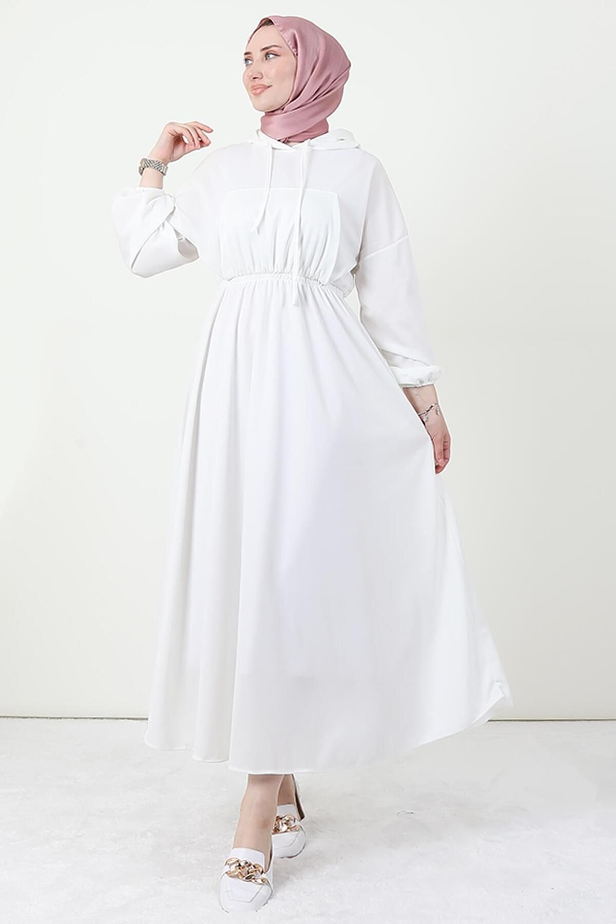Giza Giyim Göğsü Cepli Kapüşonlu Elbise Beyaz
