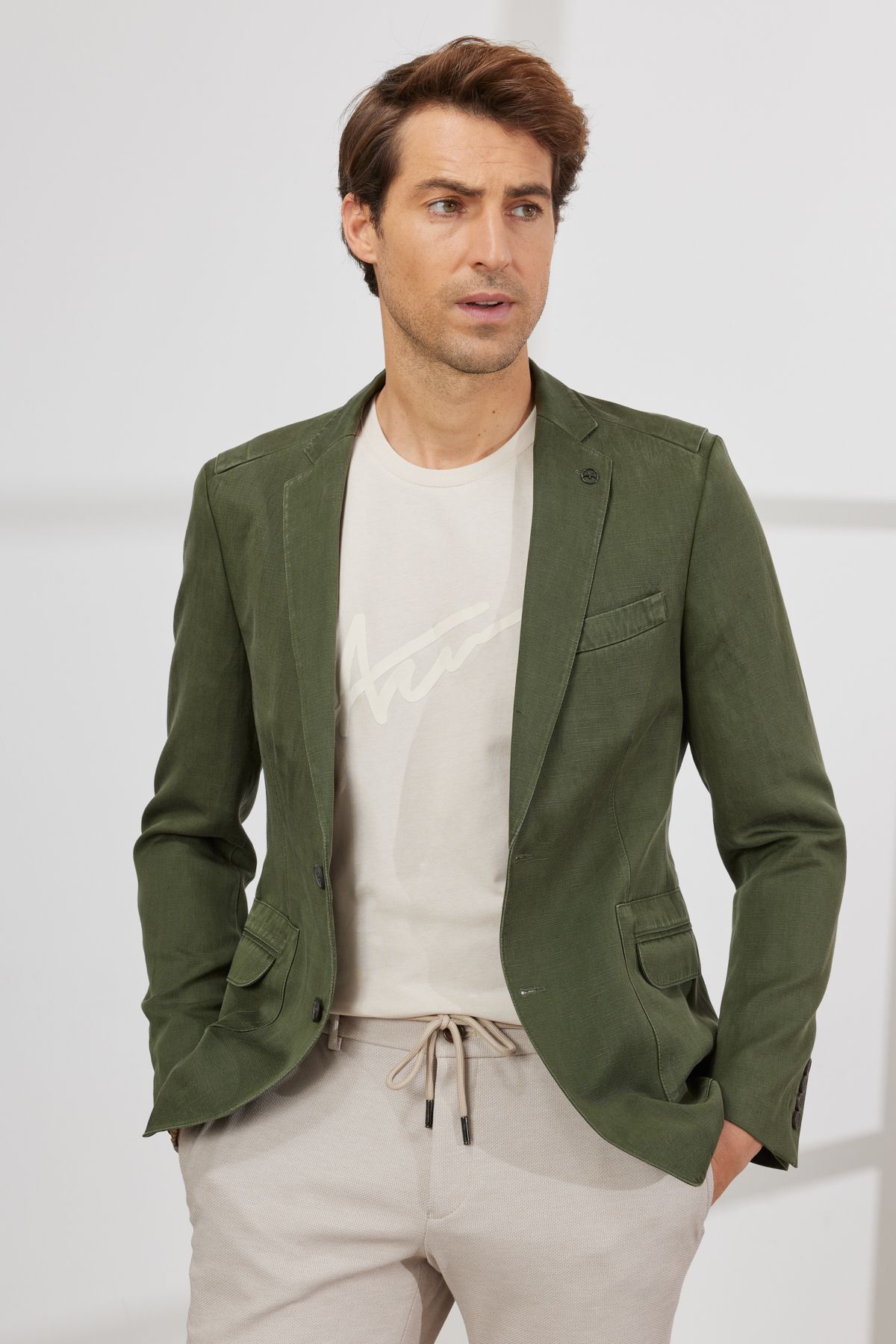 Altınyıldız Classics Erkek Haki Slim Fit Dar Kesim Mono Yaka Desenli Keten Blazer Ceket