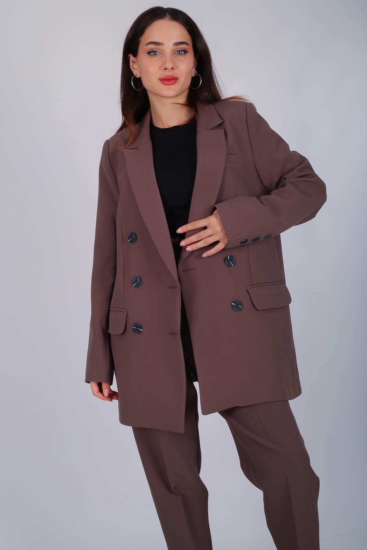 FACETTE Kadın Kahverengi Düğme Detay Blazer Ceket