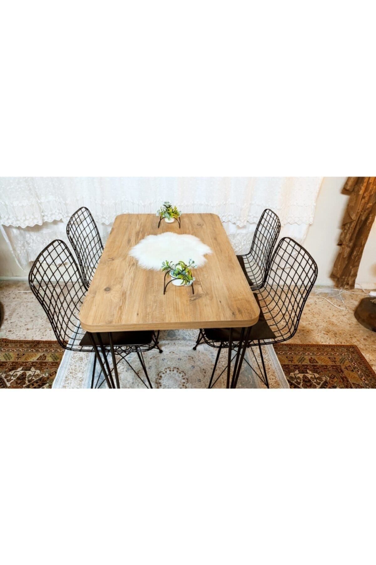 YusGos Byk Mobilya Mutfak Yemek Masa Takımı Mermer Desencafe Masası 4 Adet Tel Sandalye 1 Adet Masa