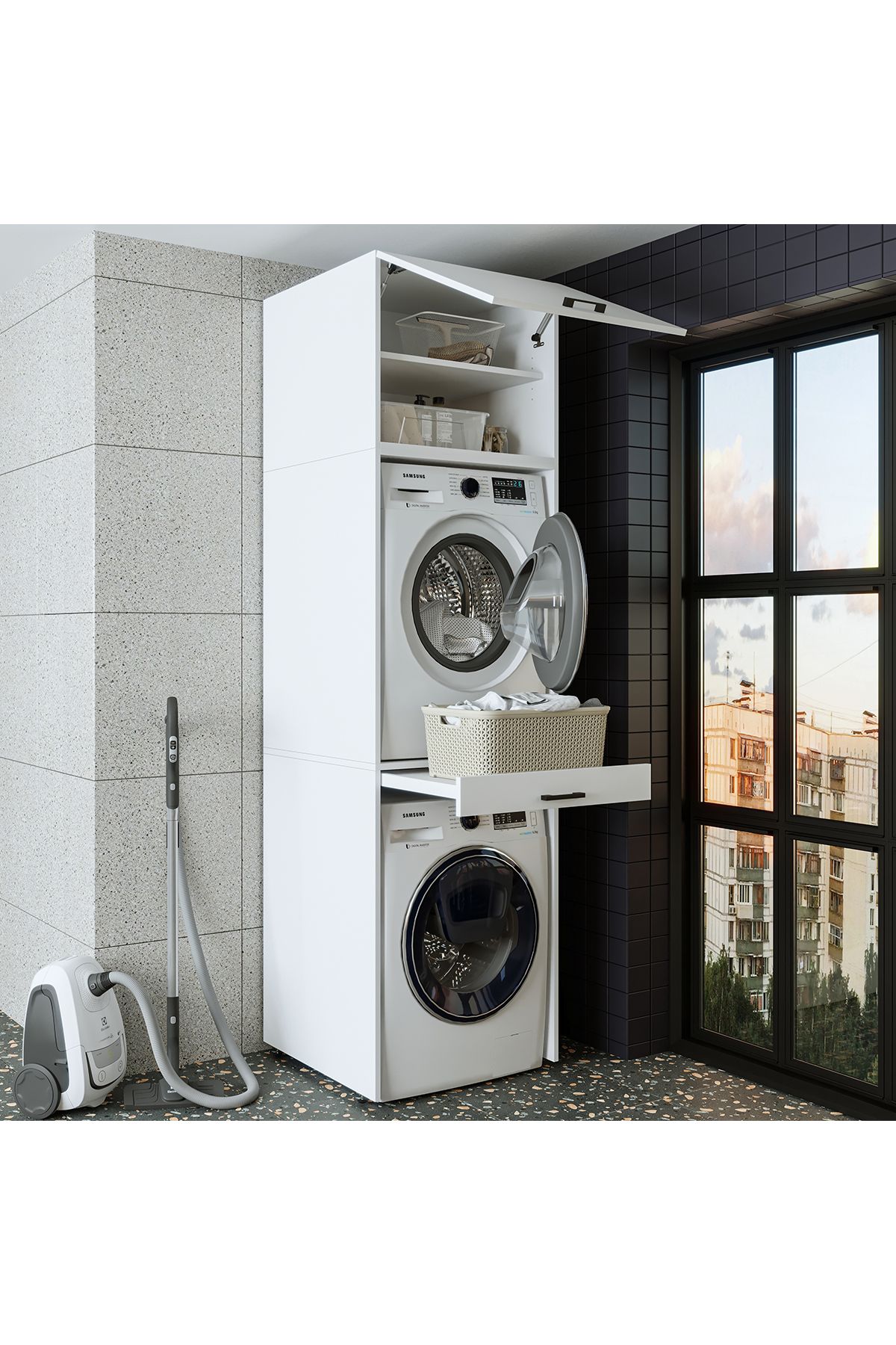 ROOMART Çamaşır Ve Kurutma Makinesi Dolabı+üst Dolabı 67x240 Cm Mat Beyaz