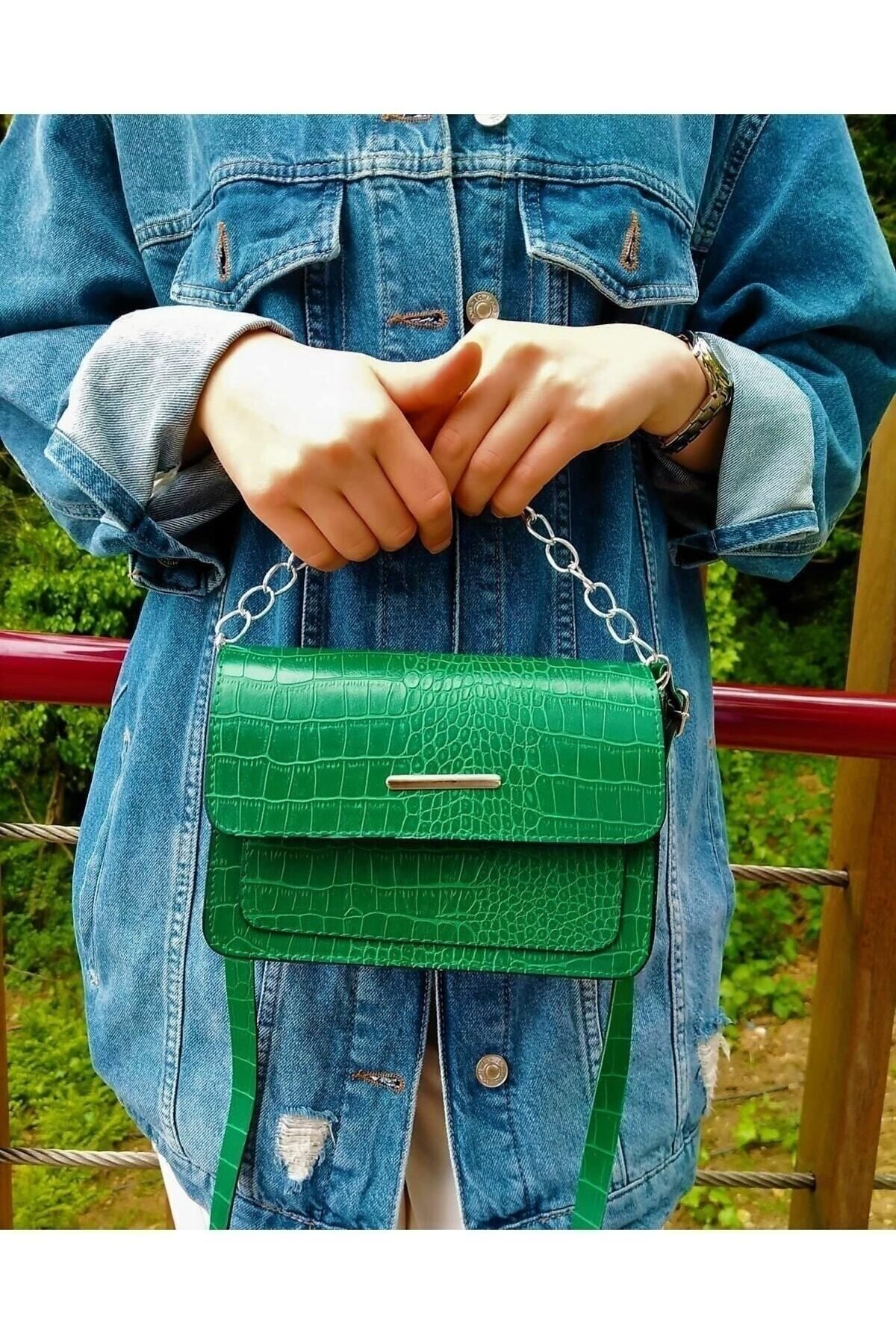 MEİZEN Çantabest Kadın Yeşil Timsah Desenli Clutch Baget Zincir Askılı Çanta