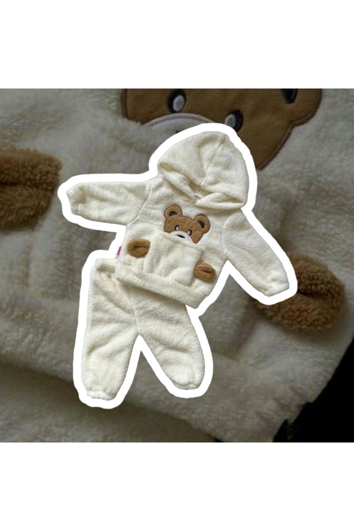 BT Baby Kışlık Ayıcık Desenli Welsoft Lüx Bebek Takımı Peluş Cepli Kapüşonlu