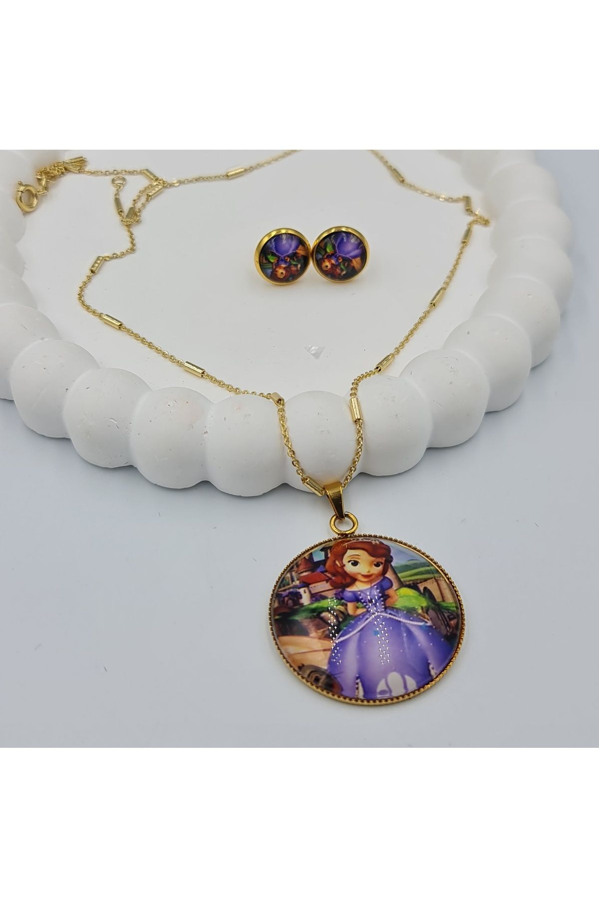 SE Jewellery Altın Renkli Sofia Küpe ve Kolye Çocuk Seti