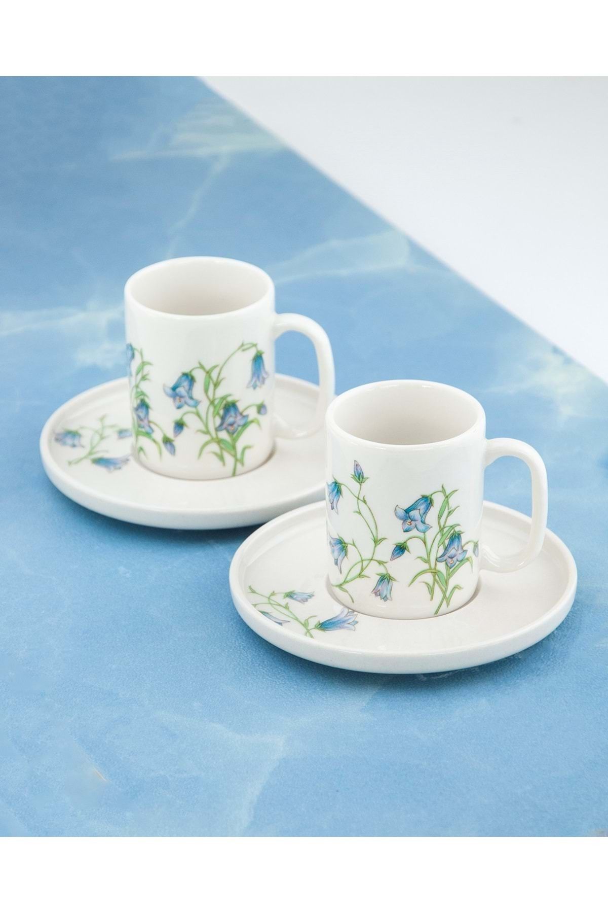 Bursa Porselen Dekor Mavi lale iki kişilik kahve fincan takımı