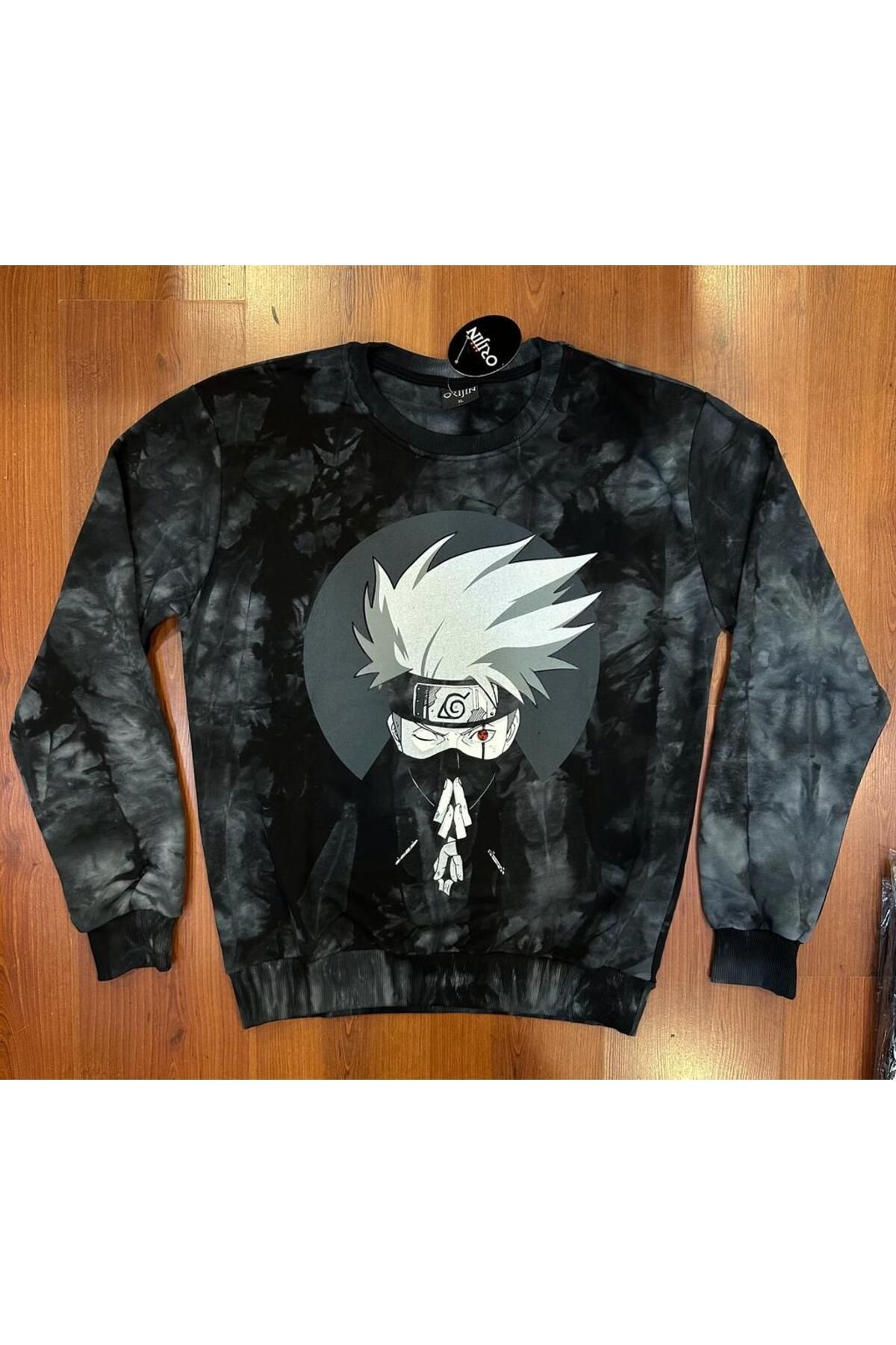 Orijin Tekstil Naruto Kakashi Hatake Ön Arka Baskılı Siyah Batik Sweatshirt