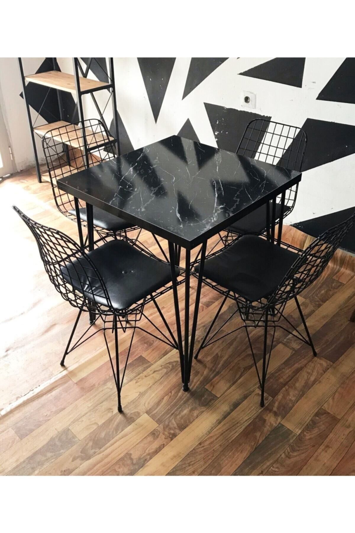 STONE CONCEPT MOBİLYA Byk Mobilya Siyah Mermer Desenli Sandalyeli Masa Takımı