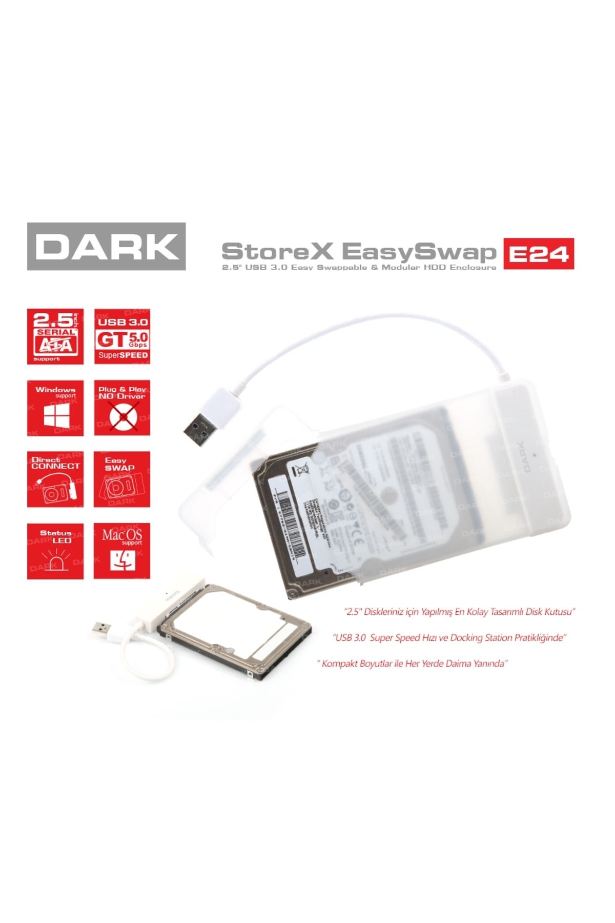 Universal DARK DK-AC-DSE24U3 STOREX E24 2.5" USB 3.0 SATA ÇIKARILABİLİR BAŞLIKLI ŞEFFAF DİSK KUTUSU