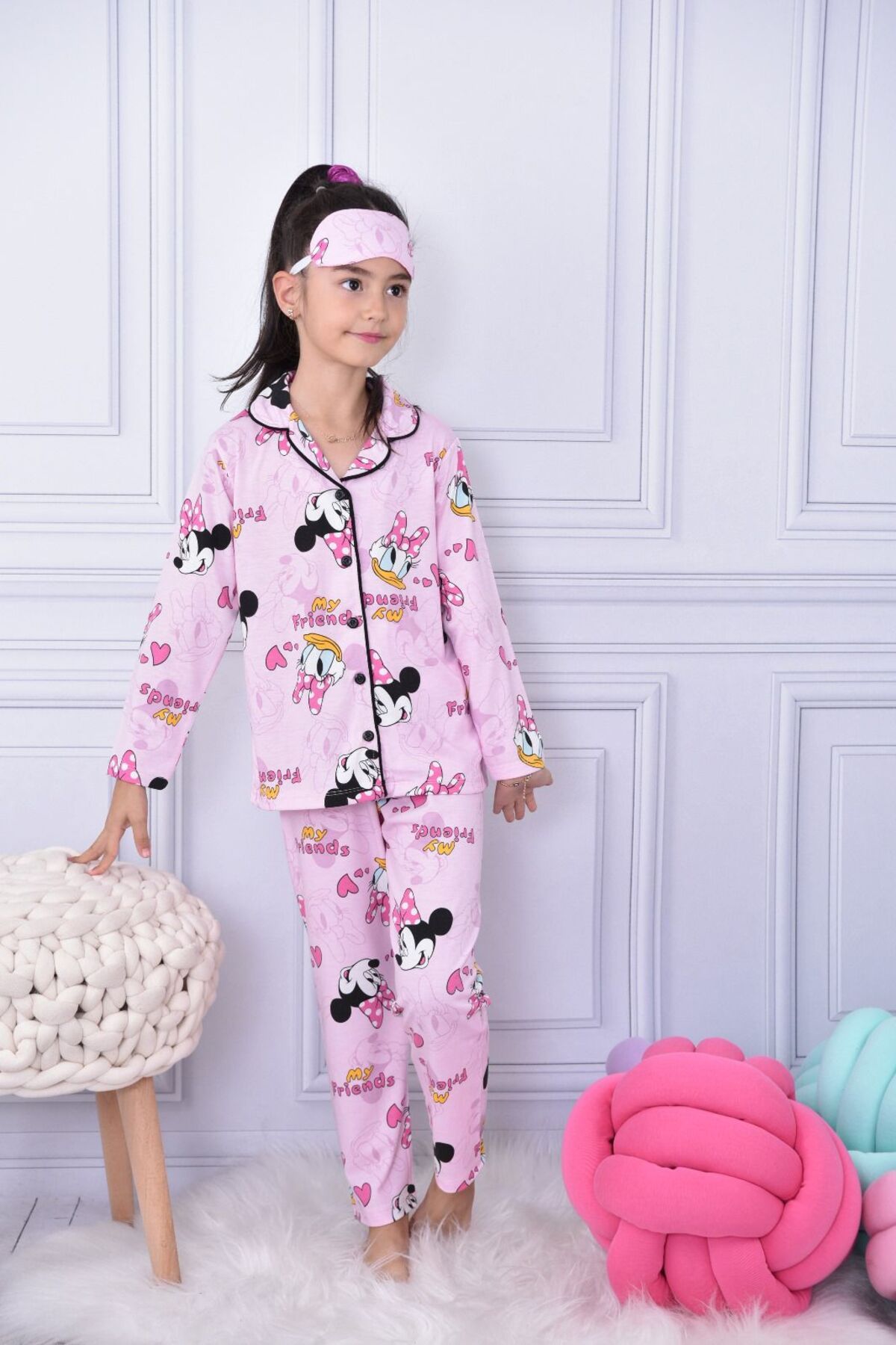 pijama moda Kız Çocuk Pembe Uzun Kollu Mickey Desenli Pijama Takımı.